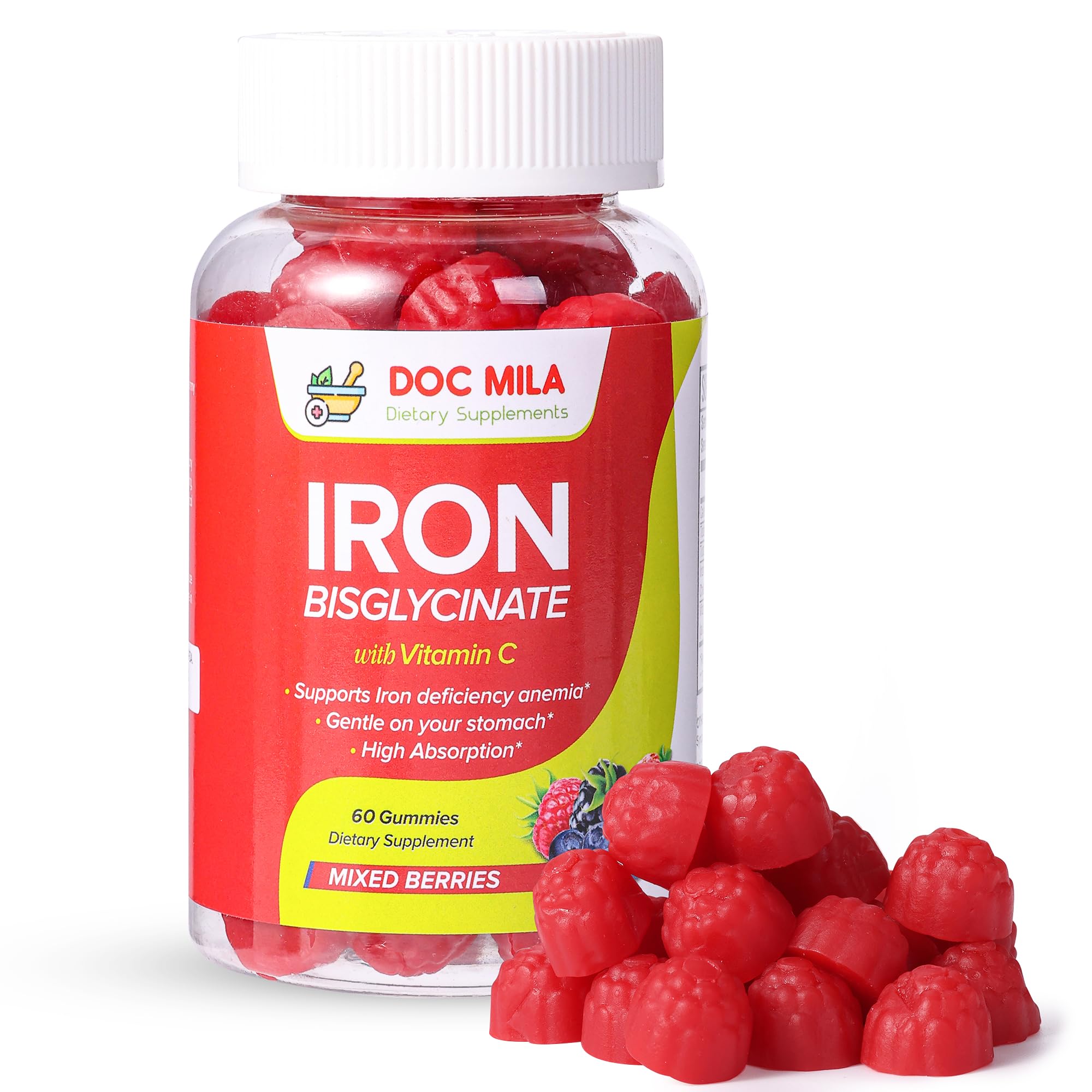 Iron Bisglycinate Gummies 25mg + Liposomal Vitamin C – 60 Gummies for Kids & Adults (1 Month Supply) | Chelated Iron Supplement