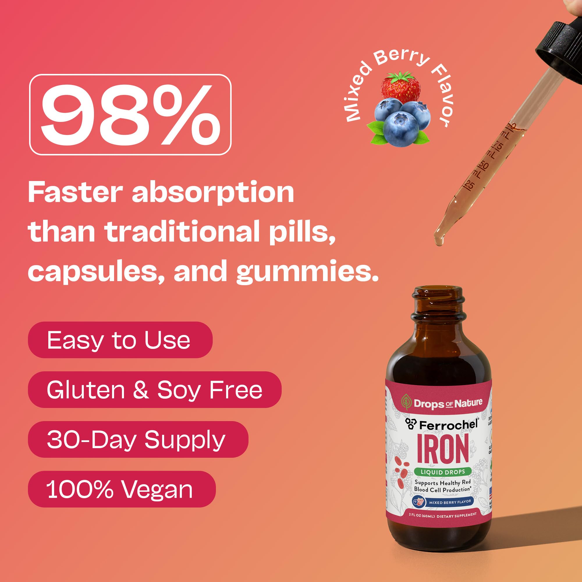 Liquid Iron Drops for Women - High Absorption, Vegan & Non-GMO (60ml) - Mixed Berry