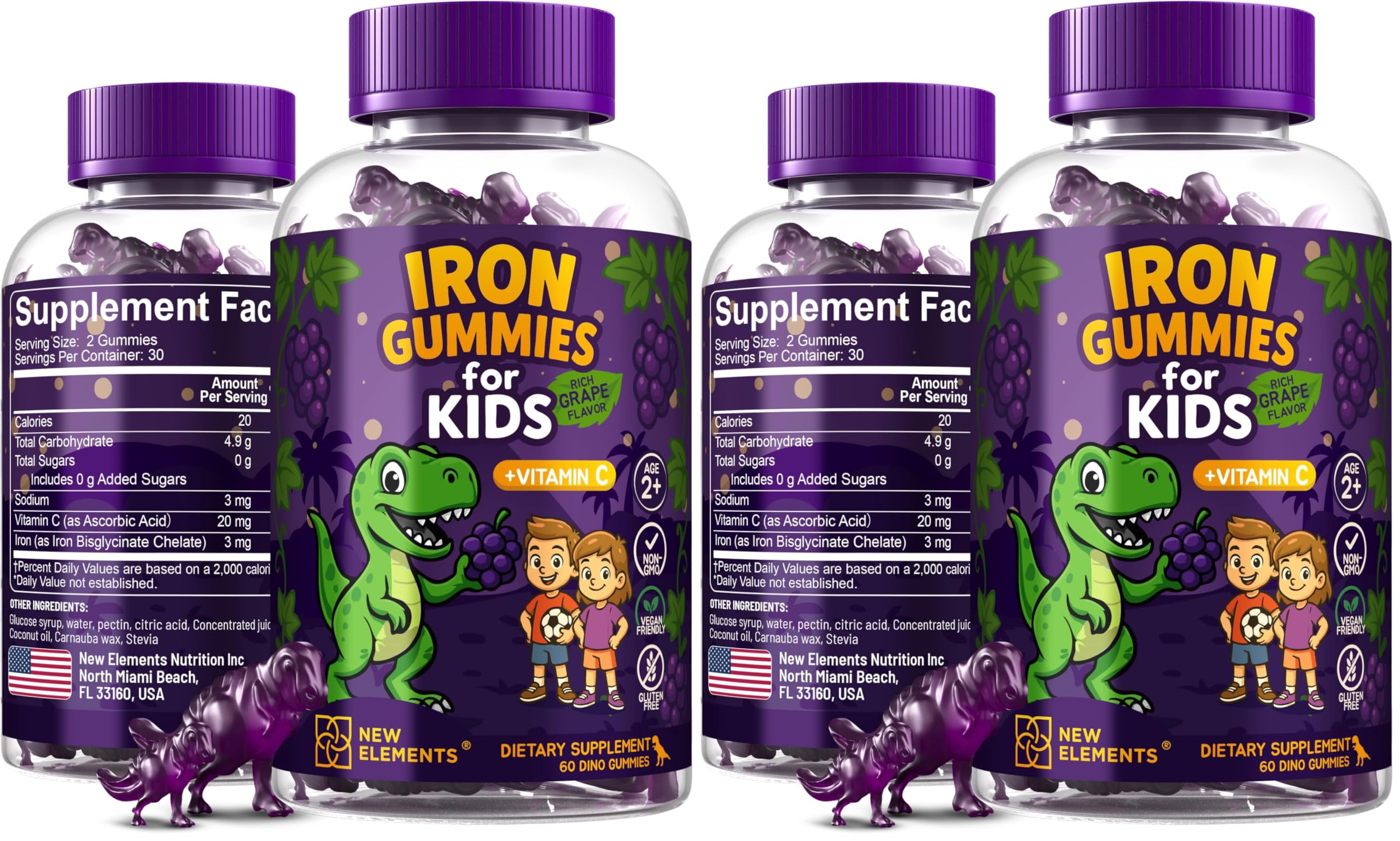 Iron Dinosaur Gummies for Kids with Vitamin C – Grape Flavor (Pack of 2)