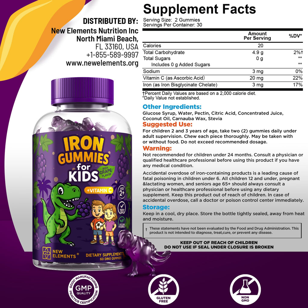 Iron Dinosaur Gummies for Kids with Vitamin C – Grape Flavor (Pack of 2)