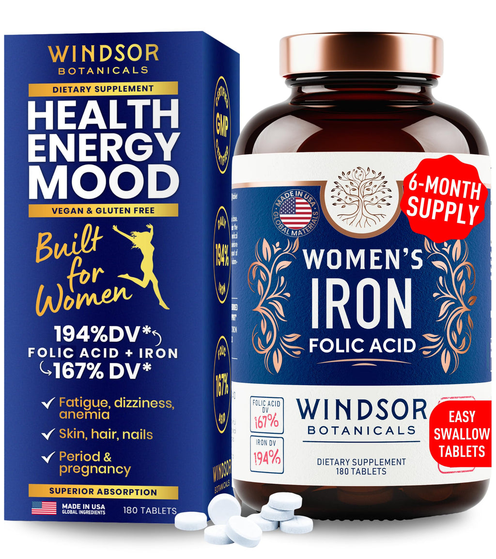 Iron and Folic Acid for Women – Gentle 35mg Iron, 400mcg Folic Acid – Vegan, 180 Tablets