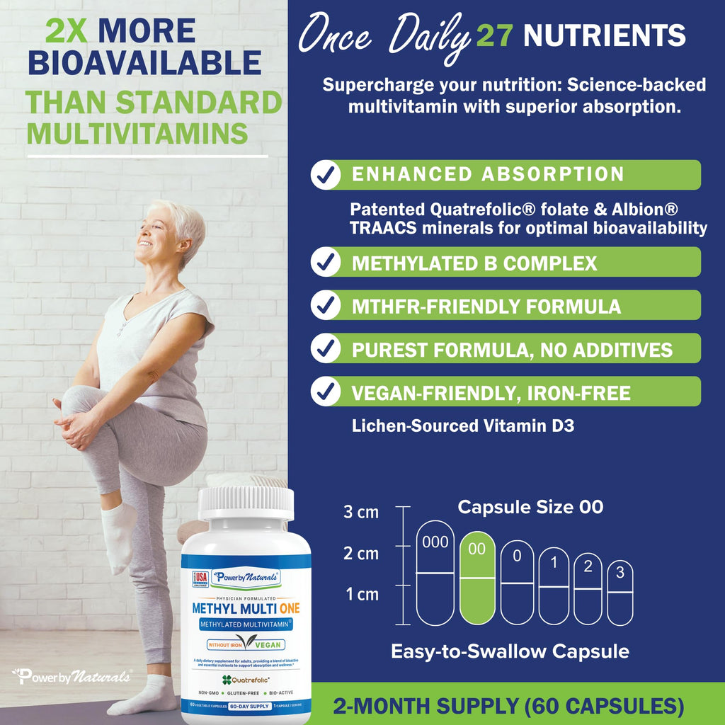 Power By Naturals Methyl Multi One – Iron-Free Methylated Multivitamin for Energy & MTHFR Support (60 capsules, 2-pack)