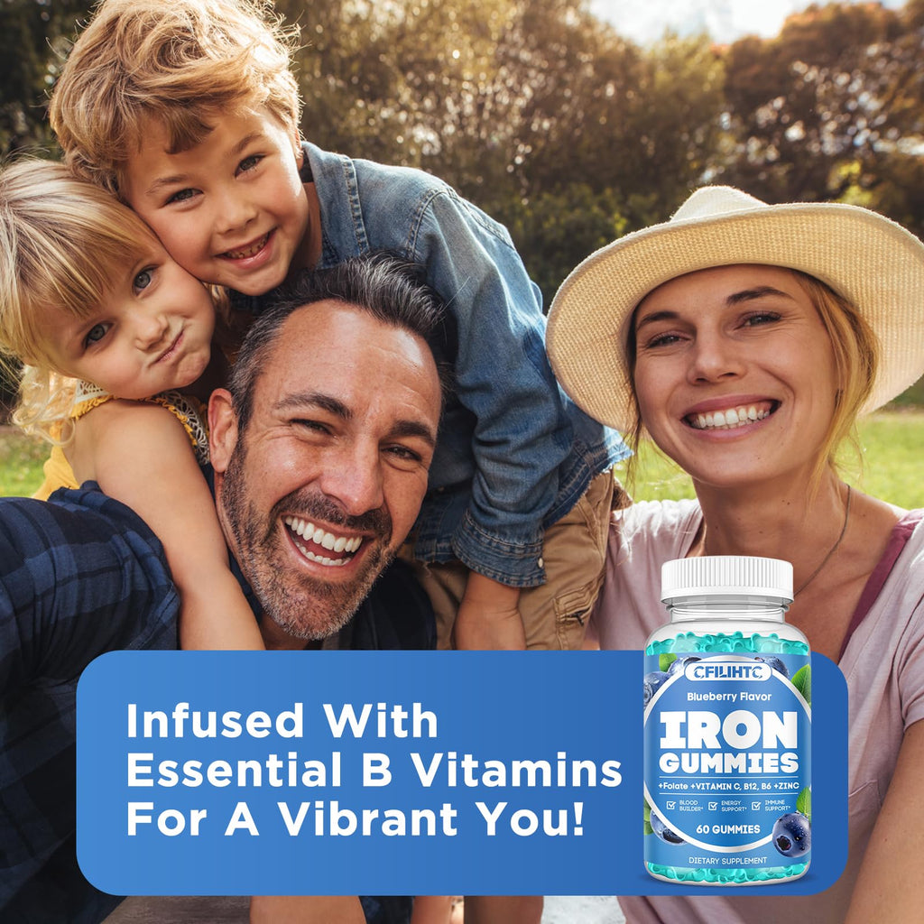 Iron Gummies for Women & Men – Vegan Sugar-Free Iron Supplement (60 ct) with B6, B12, C, Zinc