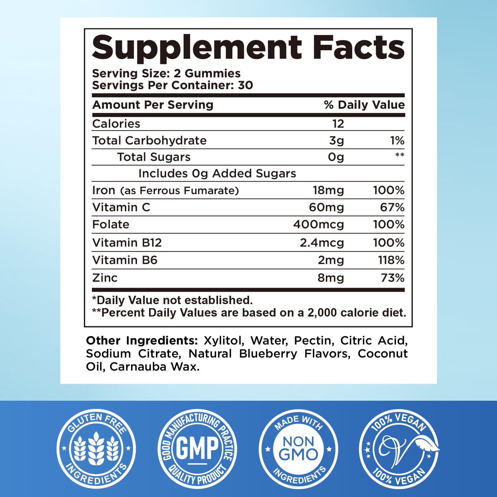 Iron Gummies for Women & Men – Vegan Sugar-Free Iron Supplement (60 ct) with B6, B12, C, Zinc