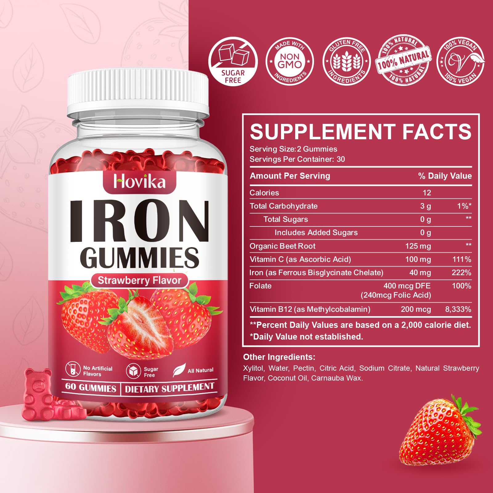 Iron Gummies for Women & Men – Sugar Free Strawberry, 60 Gummies | Iron Bisglycinate with Vitamin C, B12 & Folate