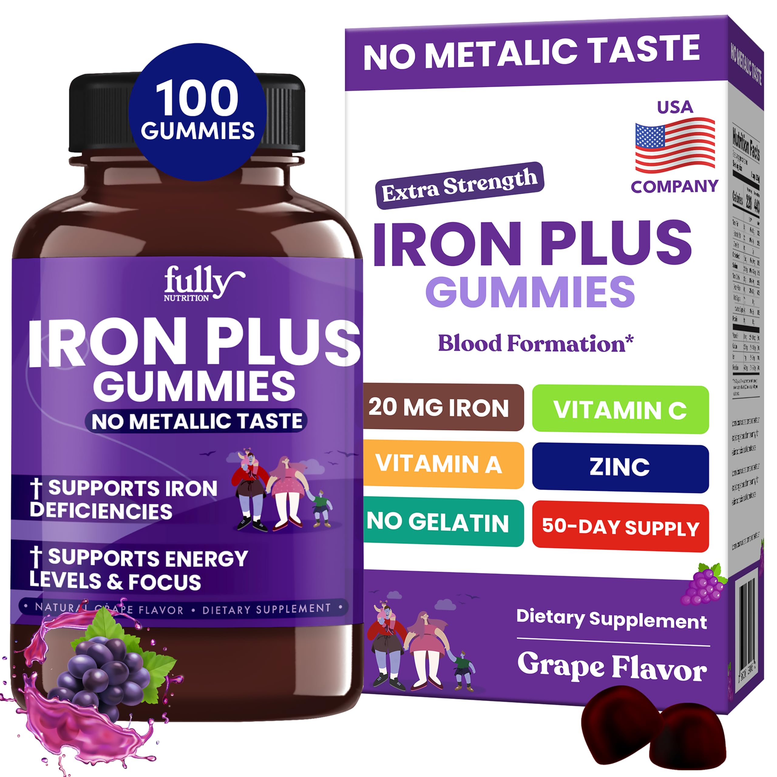 Iron Gummies for Women, Men & Kids – Fresh Grape Flavor, 100 Gummies (50 Days) | Iron Deficiency & Anemia Support