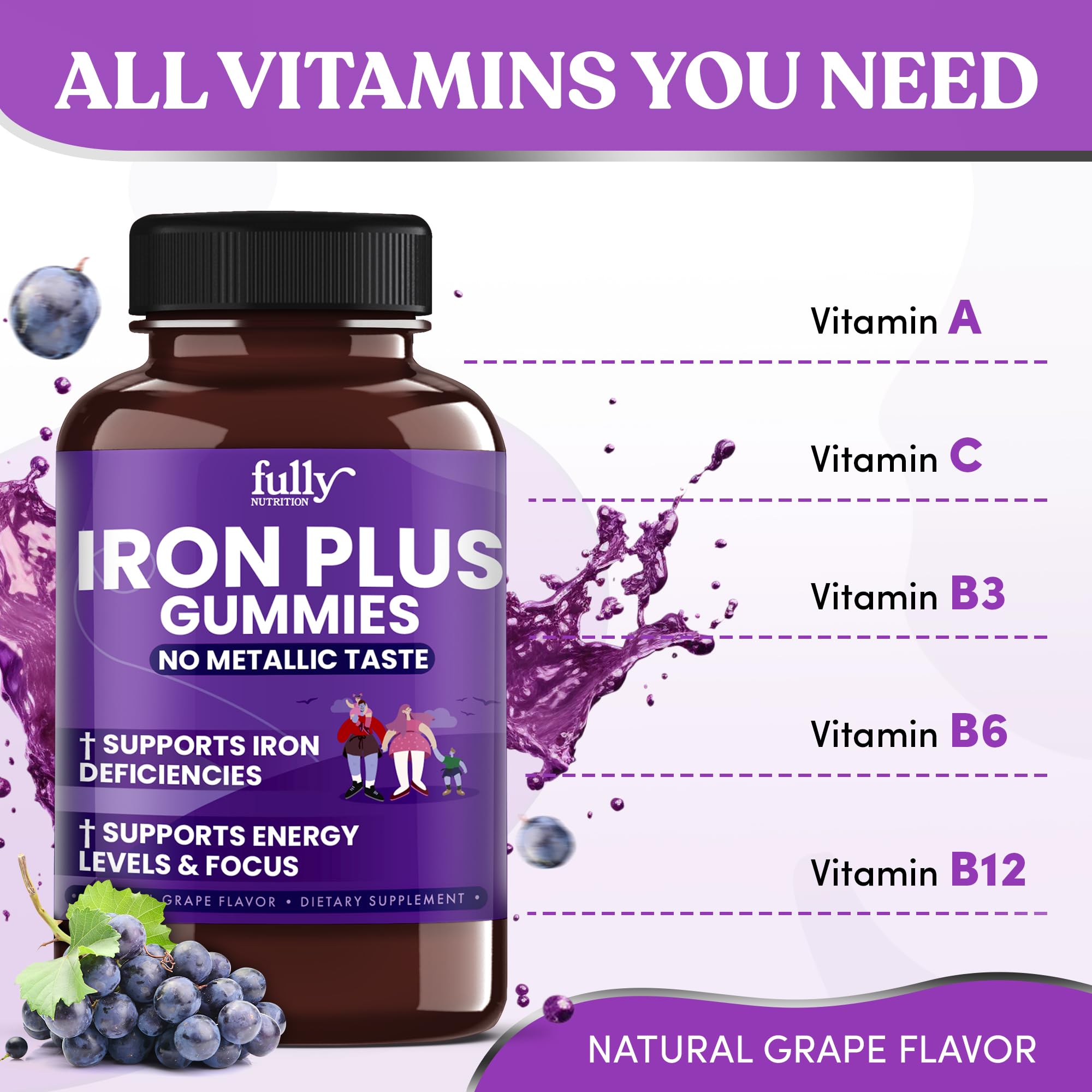 Iron Gummies for Women, Men & Kids – Fresh Grape Flavor, 100 Gummies (50 Days) | Iron Deficiency & Anemia Support