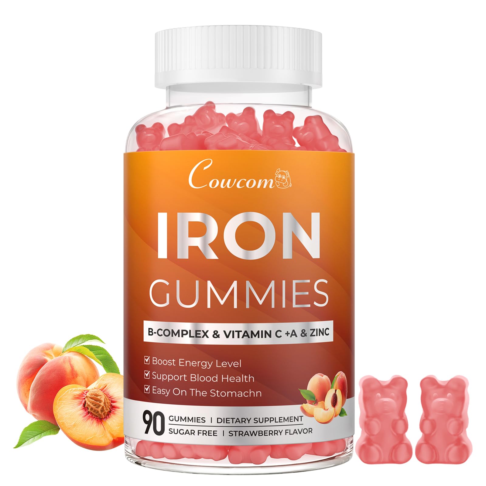 Iron Gummies with Vitamins C, A, B6, B12, Folate & Zinc - Peach Vegan Chewables (90 Count)