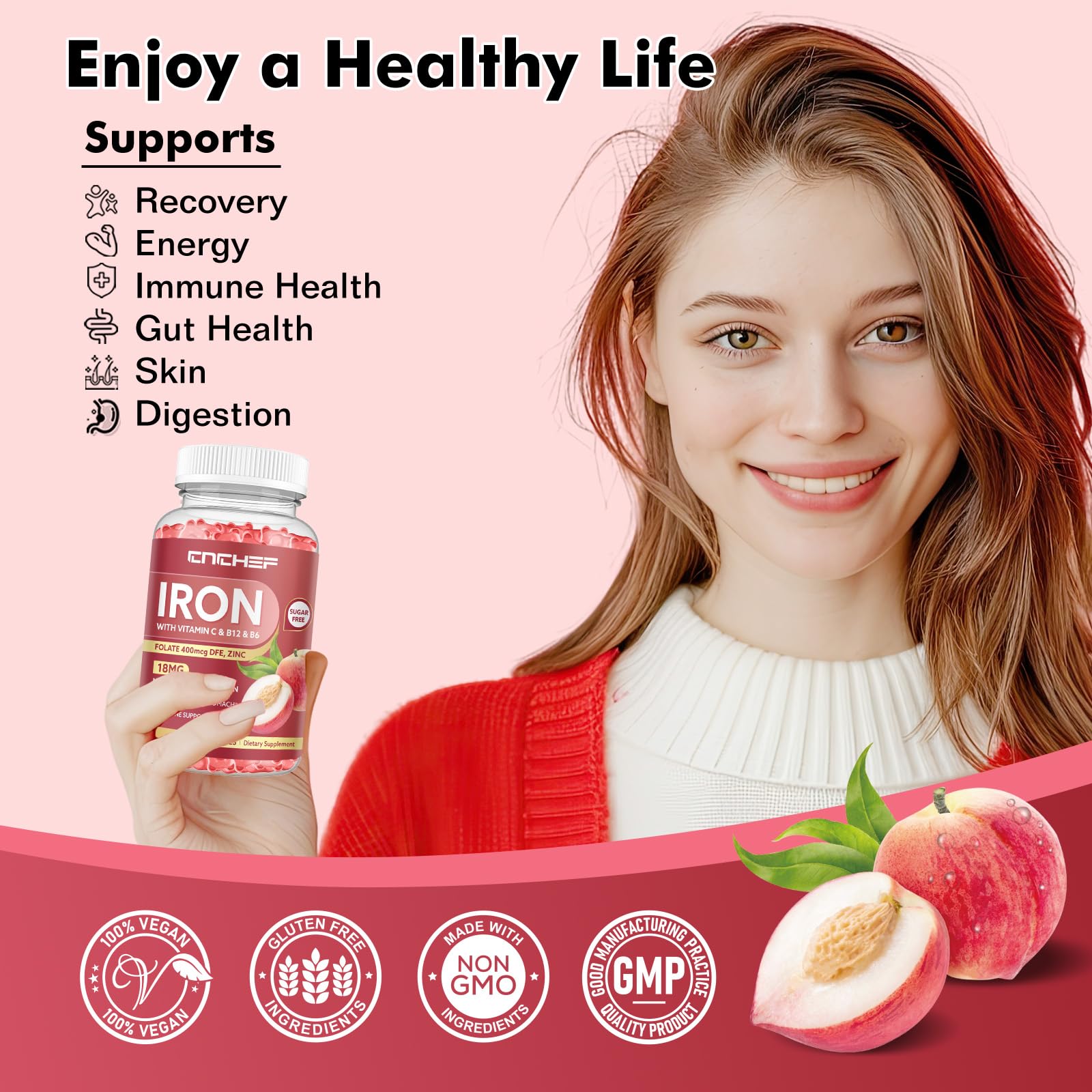 Iron Gummies for Women & Men – Peach Flavor, Vegan, 60 Gummies