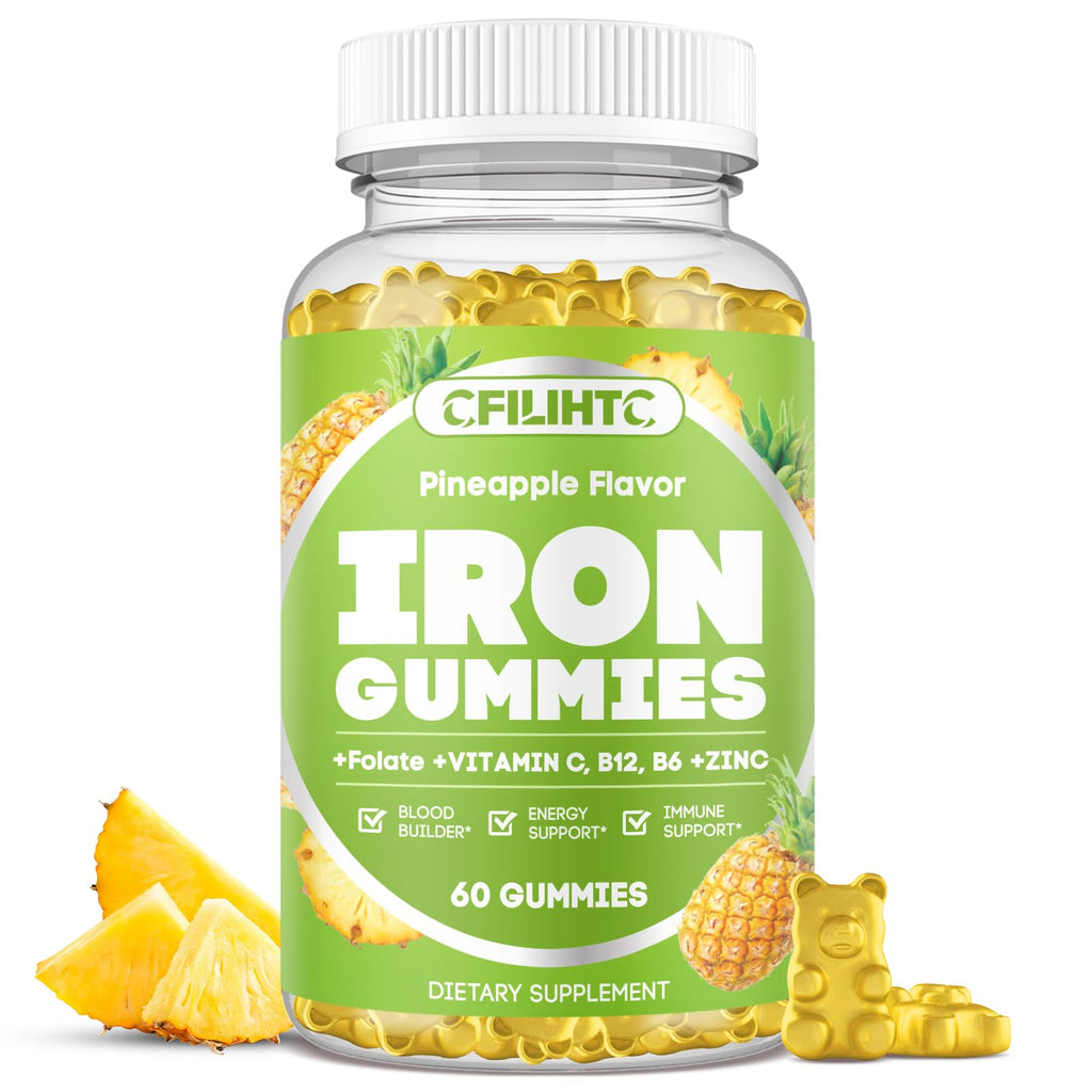 Iron Gummies for Adults & Kids – Vegan Iron Supplement with B6, B12, C, Zinc, Folate | Pineapple 60ct