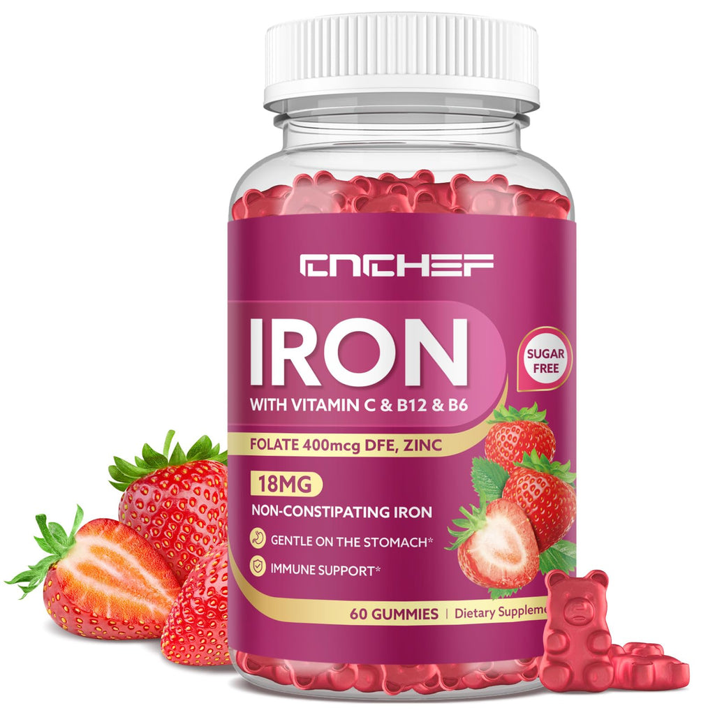 Iron Gummies for Women & Men – Vegan Iron Supplement (Strawberry) 60 Gummies