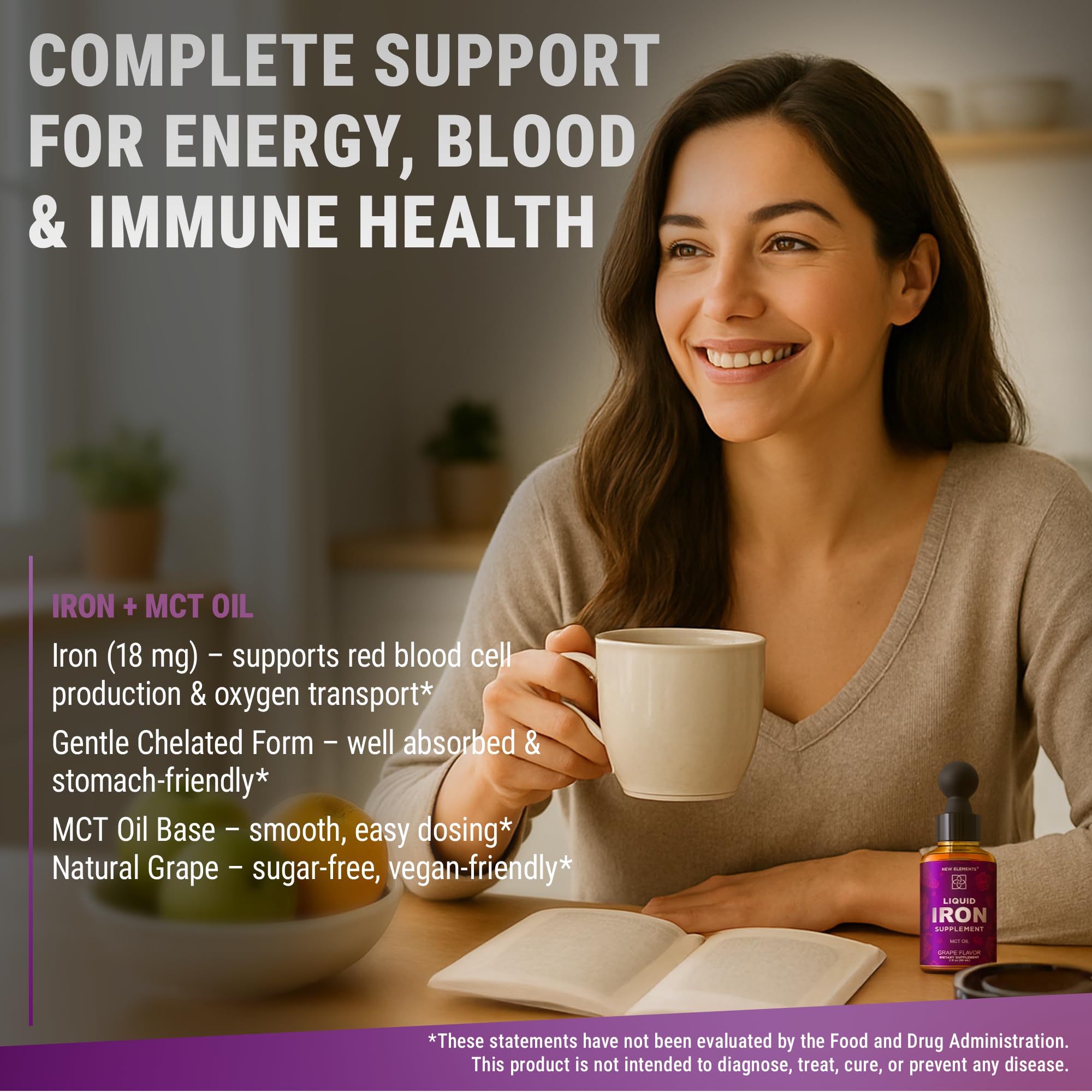 Iron Supplement for Women & Men – Liquid Drops (2oz) with MCT Oil, Natural Grape Flavor, Immune Support