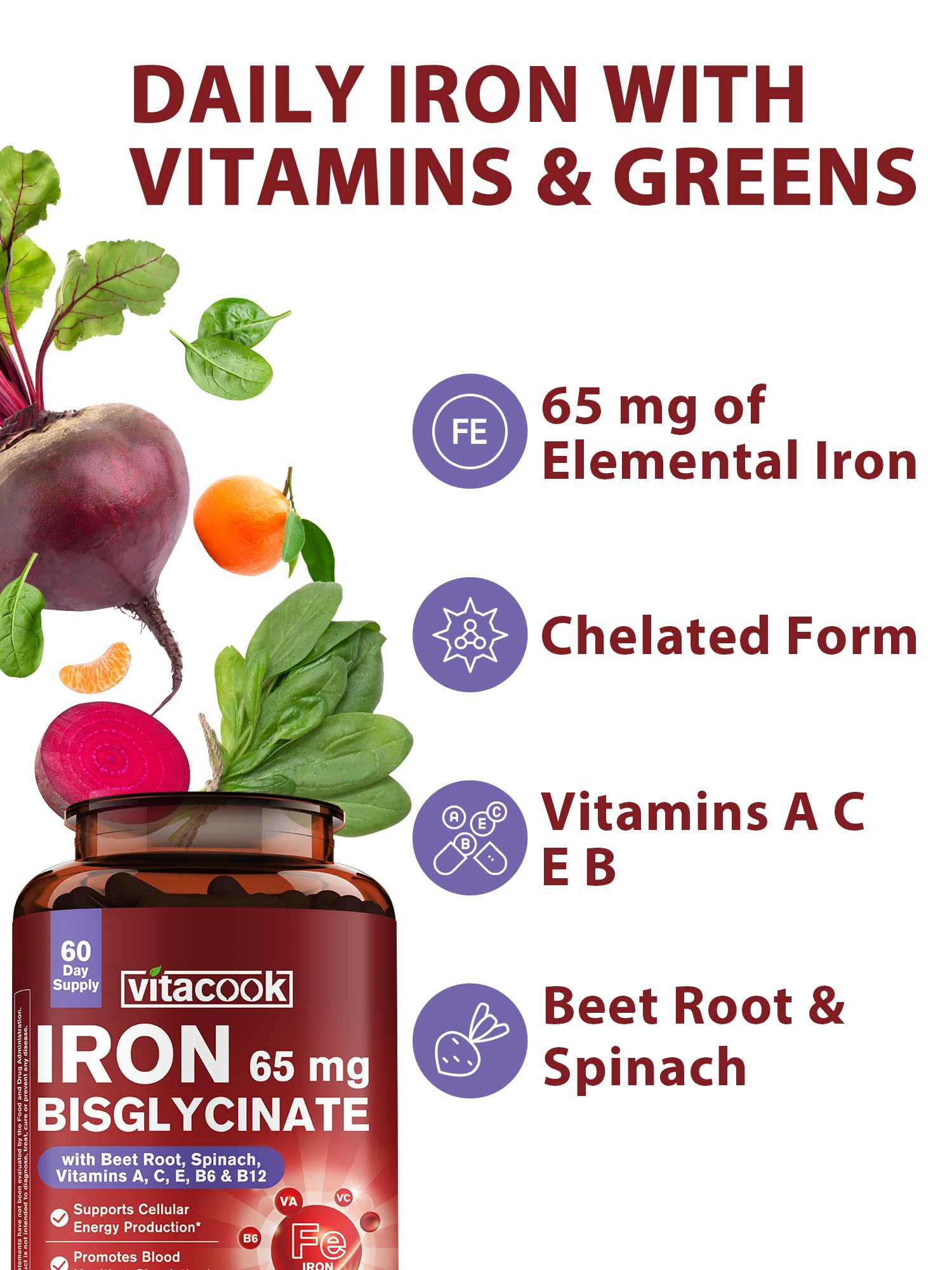 65mg Ferrous Bisglycinate Iron Supplement – Slow Release (60 Caps)