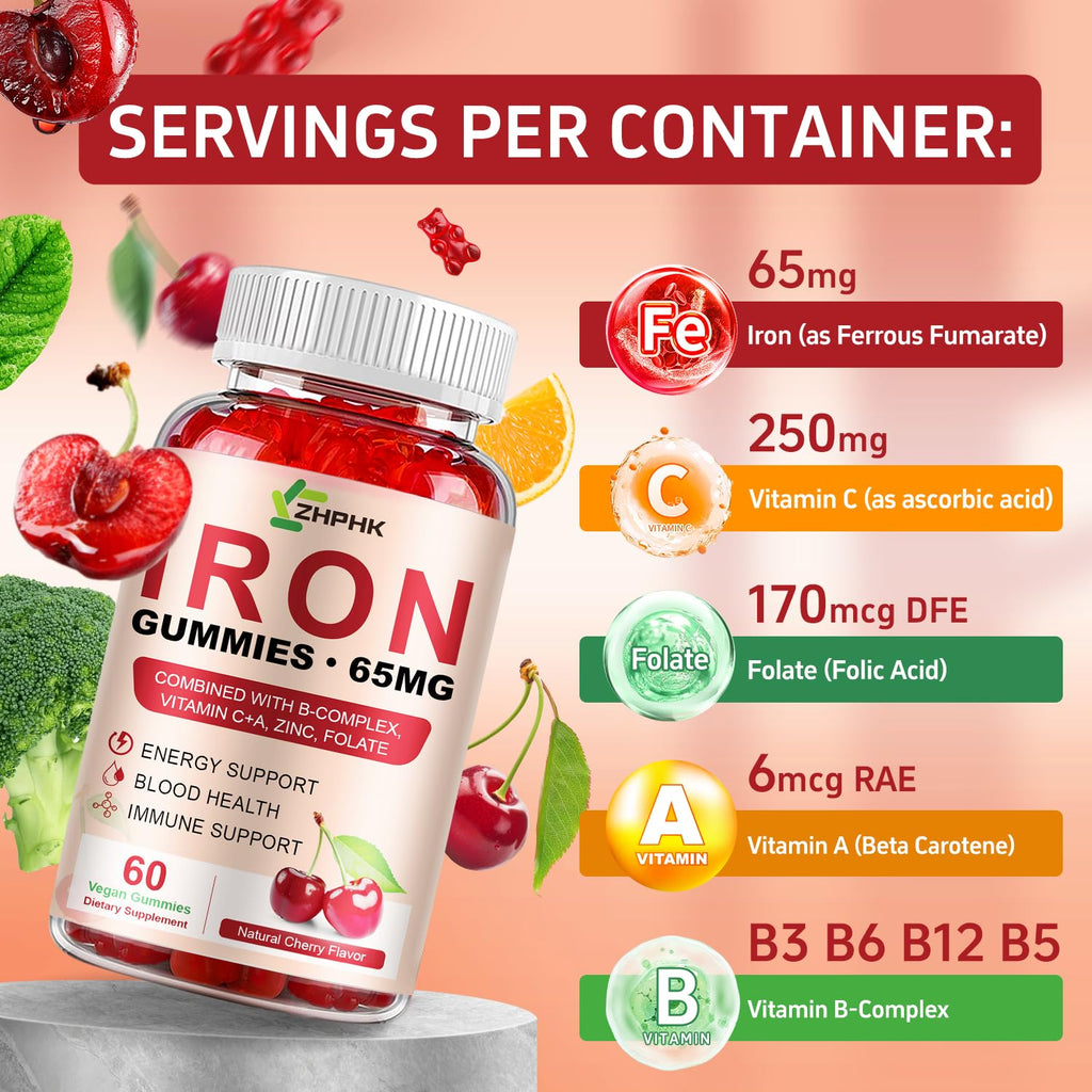 Iron Gummies 65mg Iron + Vitamin C 250mg | For Women, Men & Kids – Cherry (60 Count)
