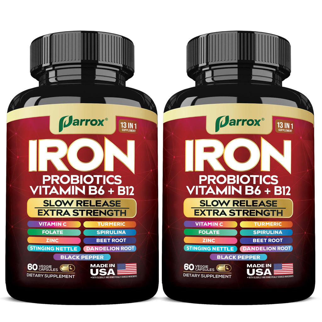 Parrox Elemental-Iron: Slow-Release Iron with Probiotics, Beetroot, Turmeric & B Vitamins – 2 Pack, 60 Capsules Each