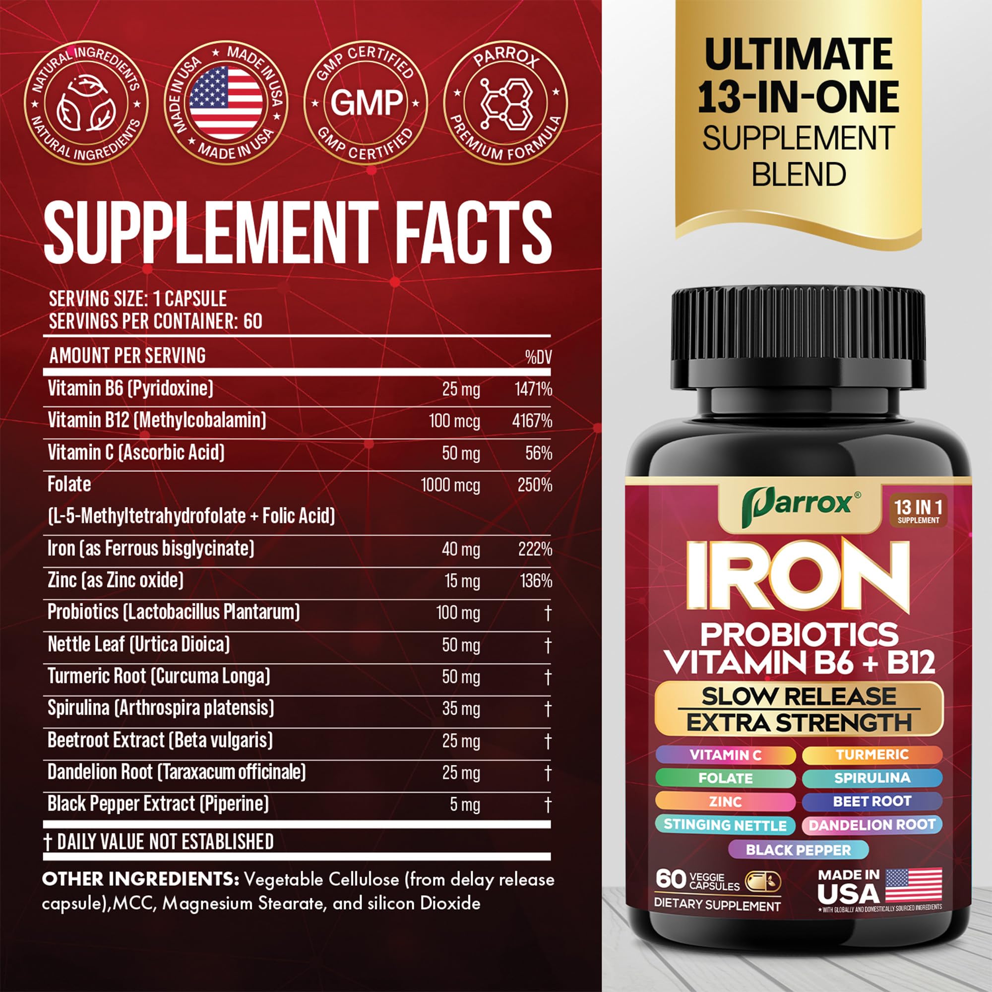 Parrox Elemental Iron 13-in-1 – Slow-Release Iron, Probiotics, B Vitamins, Beetroot & Turmeric (3-Pack, 60 Capsules)