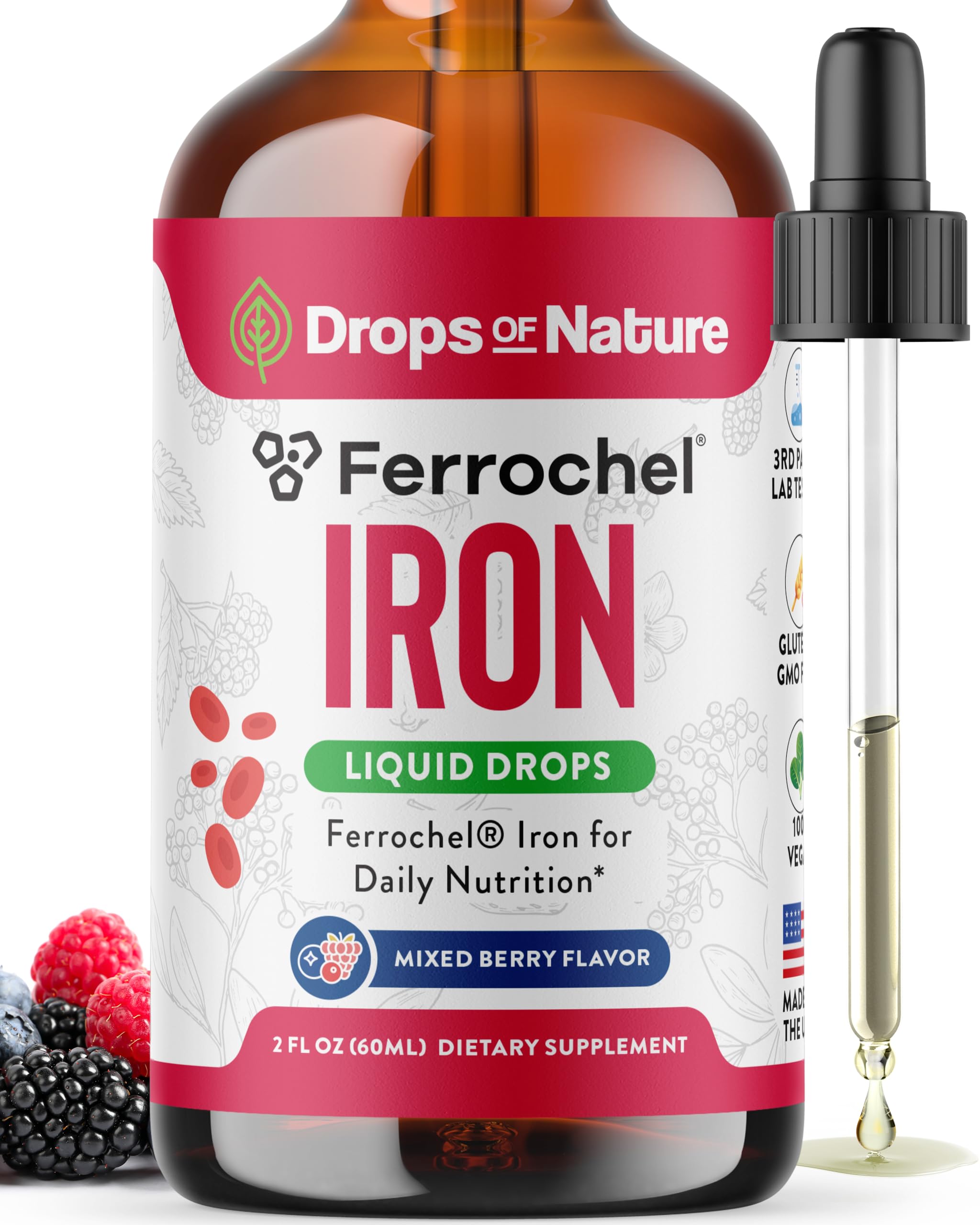 Liquid Iron Drops for Women - High Absorption, Vegan & Non-GMO (60ml) - Mixed Berry