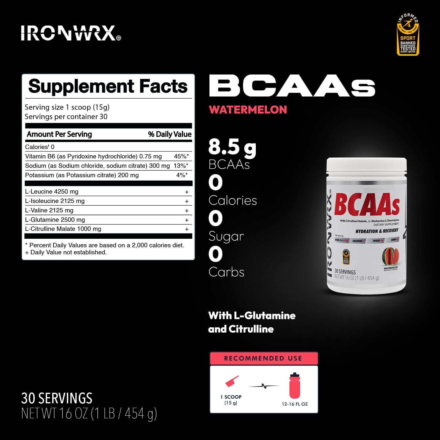 IRONWRX BCAA Powder – Watermelon Flavor | 30 Servings | Zero Sugar | 2:1:1 BCAA Ratio