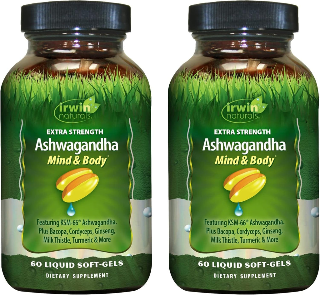 Irwin Naturals Extra Strength Ashwagandha - 60 Liquid Soft-Gels | Turmeric & Milk Thistle