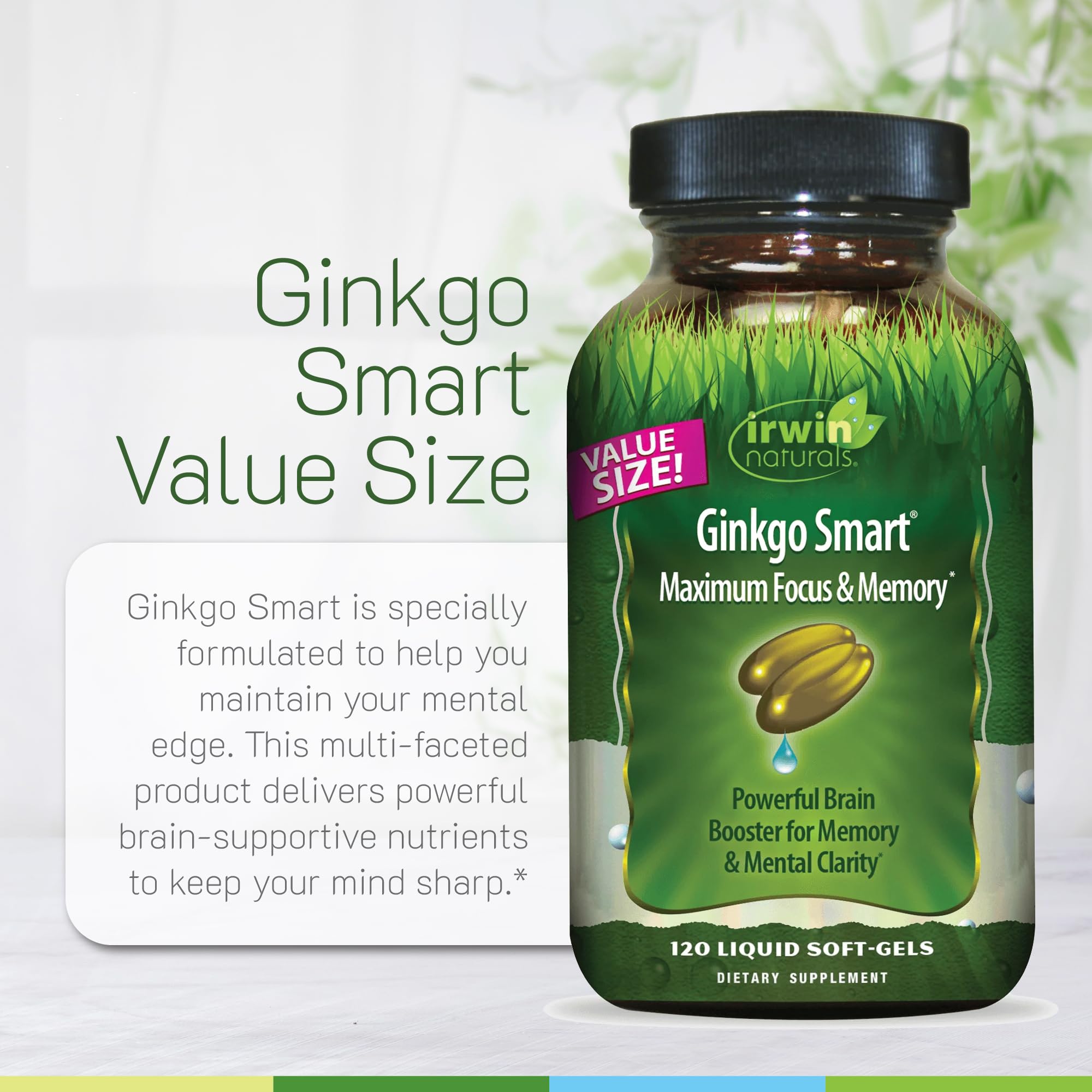 Irwin Naturals Ginkgo Smart – Focus & Memory Brain Supplement with Ginkgo Biloba, Acetyl-L-Carnitine & DMAE | BioPerine | 120 Count