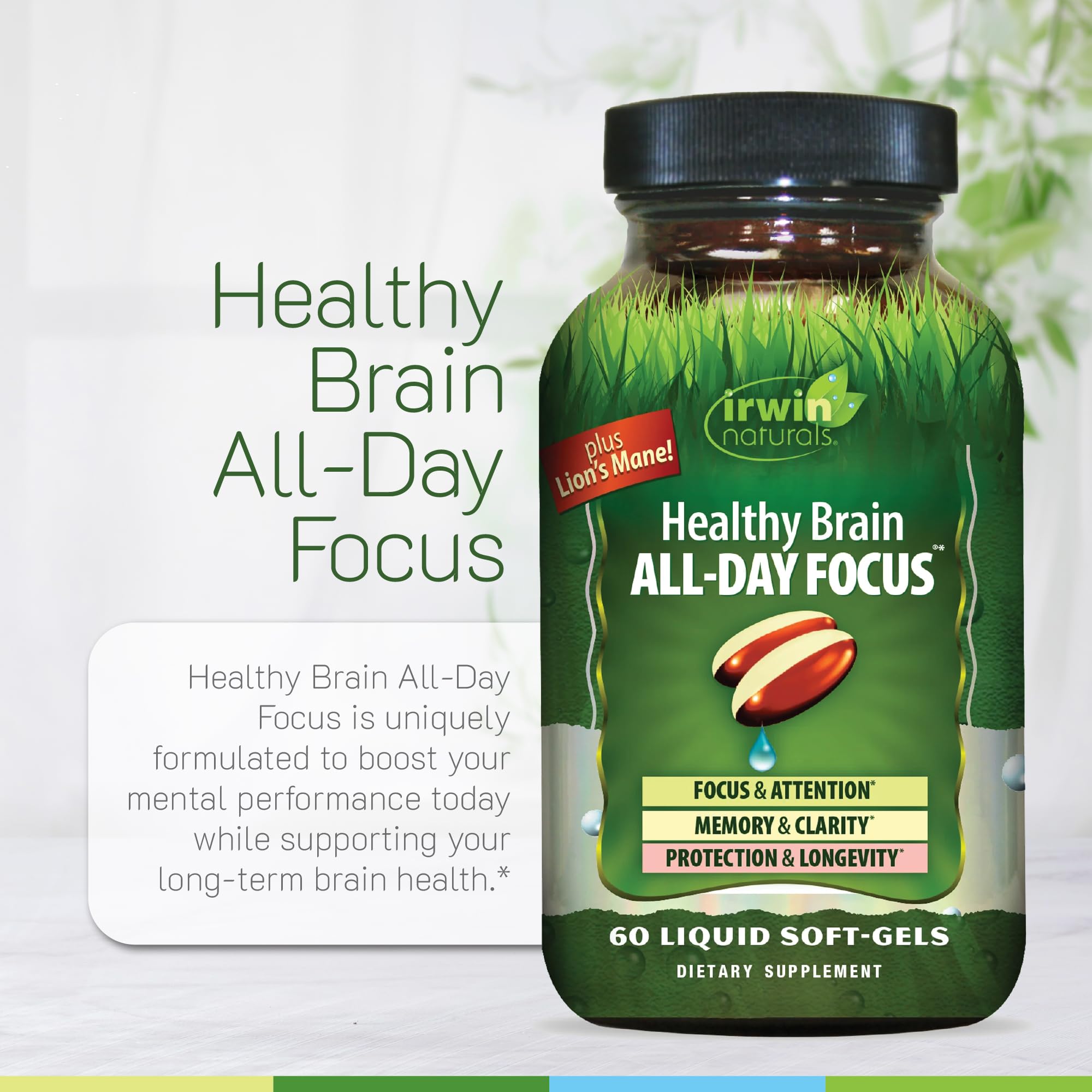 Irwin Naturals Healthy Brain All-Day Focus – 60 Liquid Soft-Gels – 30 Servings