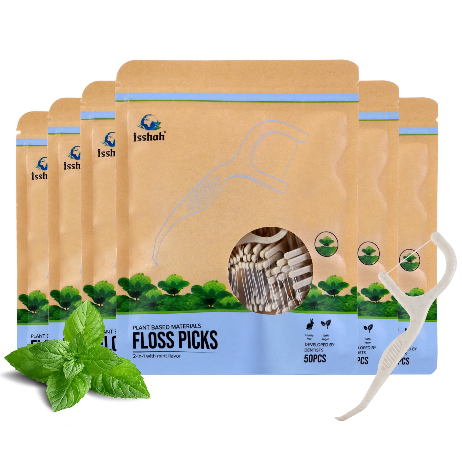 Isshah Floss Picks 300 Count - Plant-Based Mint Floss for Gum Health