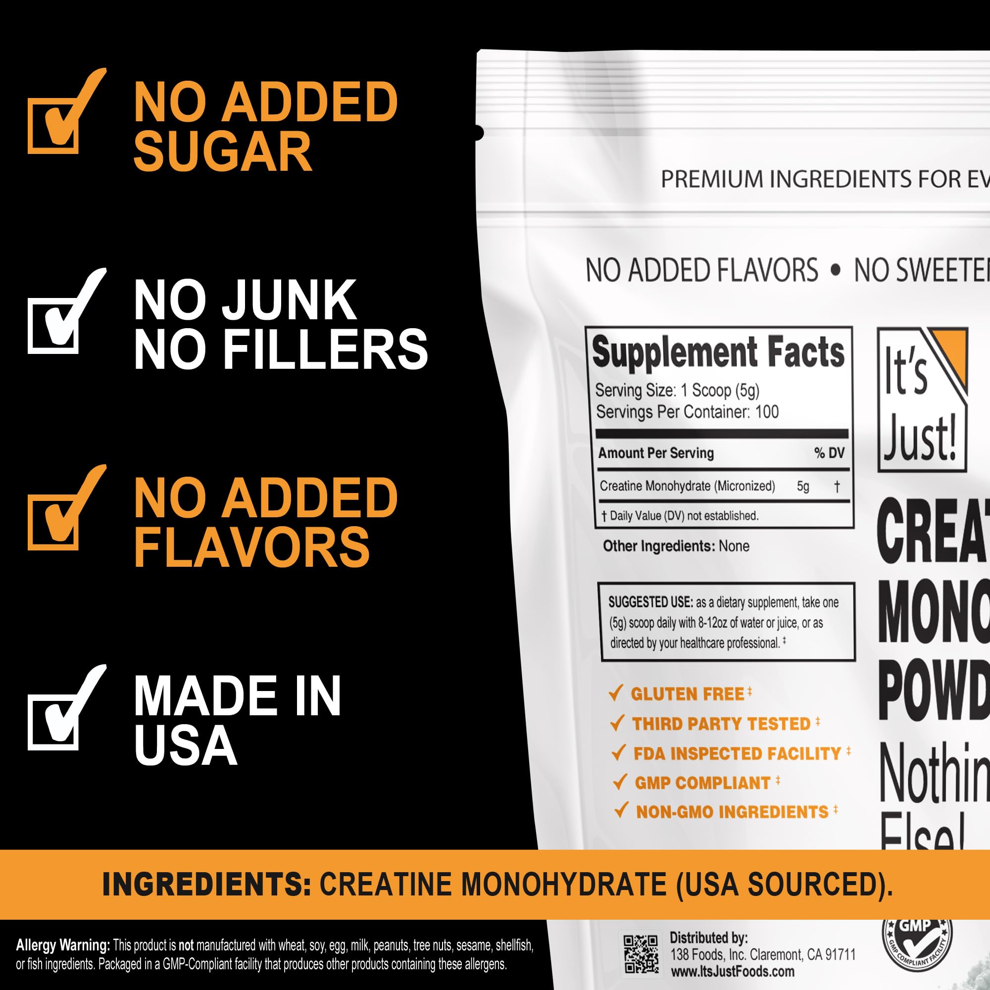 It's Just! Creatine Monohydrate Powder – 500g (100 Servings), Unflavored, USA Made
