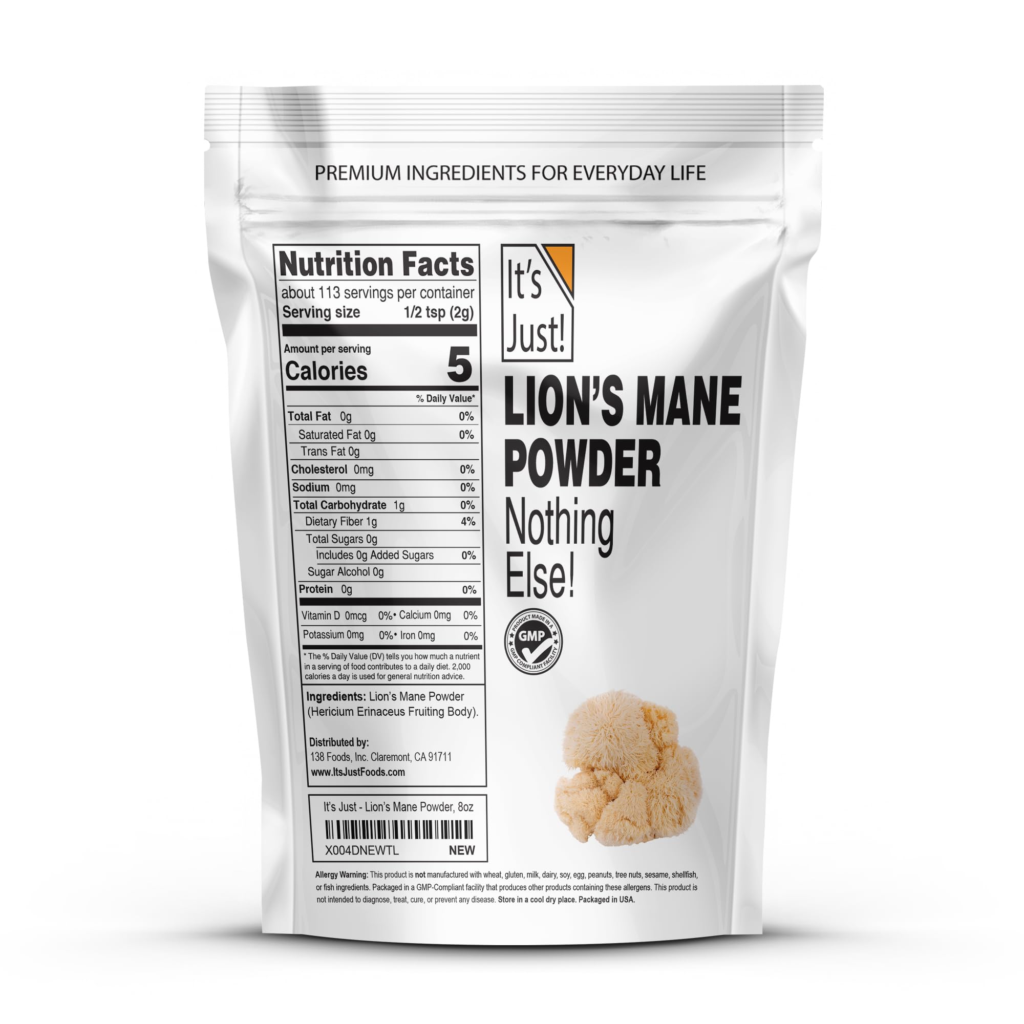 It's Just! Lion's Mane Mushroom Powder - Brain Support, Immune Health, Non-GMO, 8oz