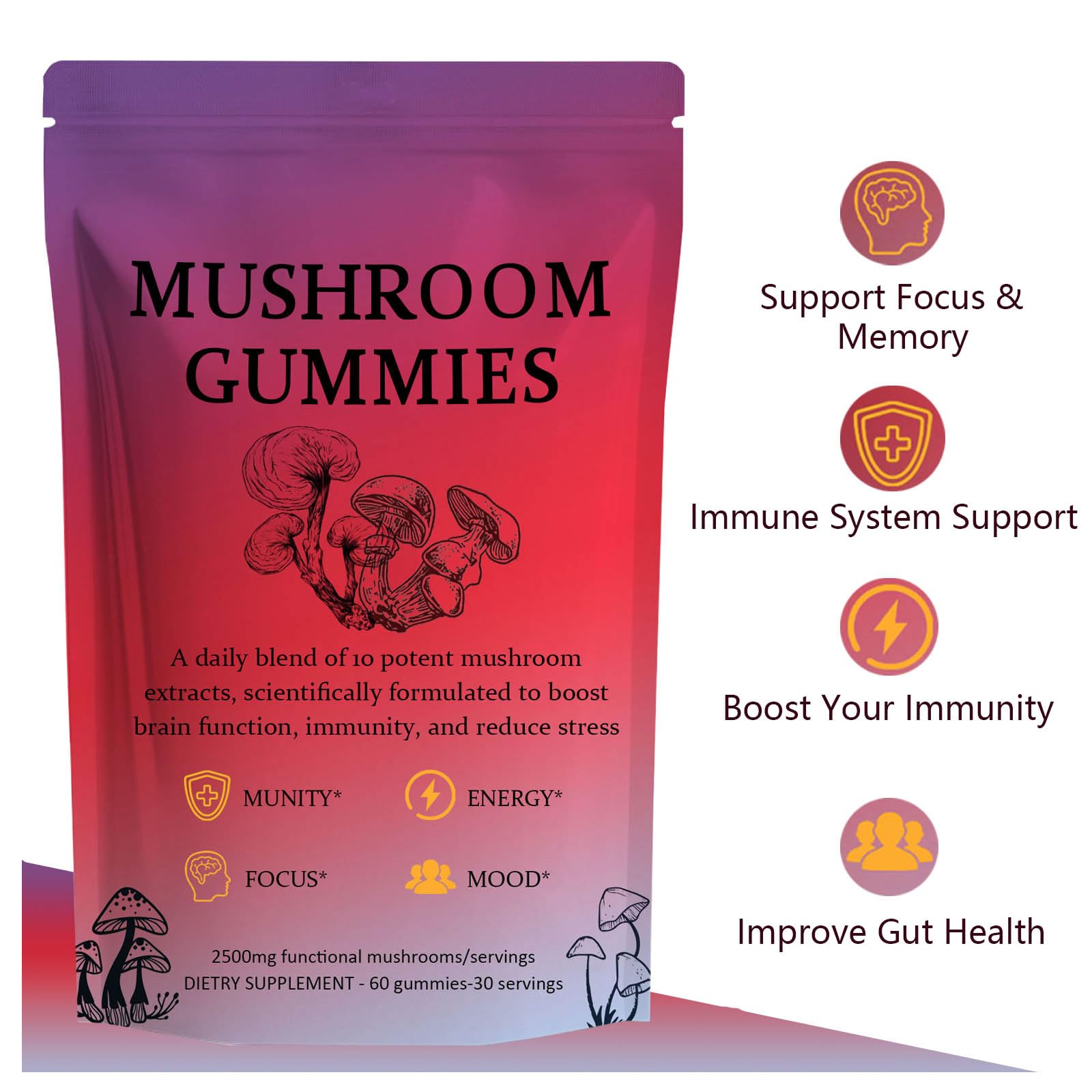 ixarco Mushroom Gummies – Immune Support & Energy, Vegan, 60 Gummies