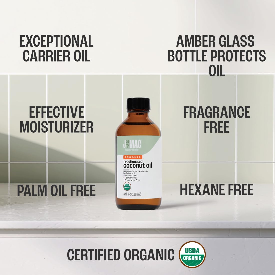 J MAC BOTANICALS Organic Fractionated Coconut Oil — 4 oz Glass Bottle, Carrier Oil & Moisturizer