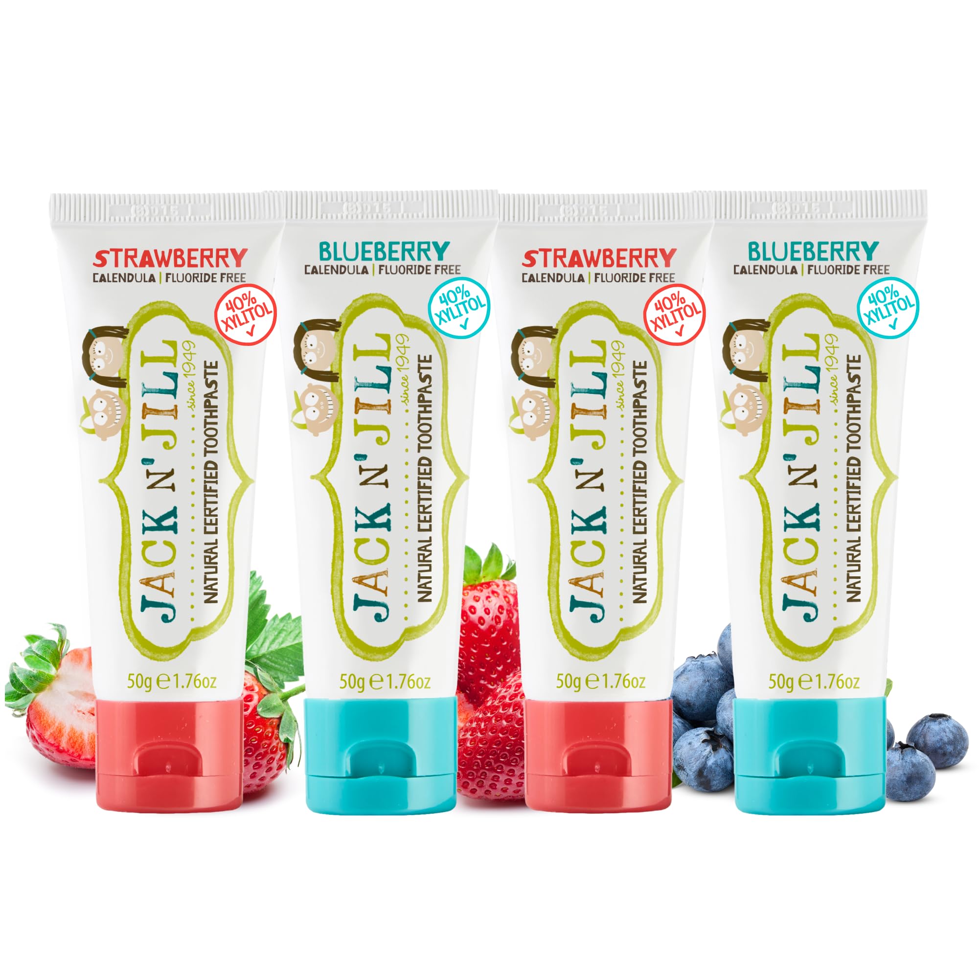Jack N' Jill Fluoride-Free Baby Toothpaste – 40% Xylitol, Strawberry & Blueberry (Pack of 4)