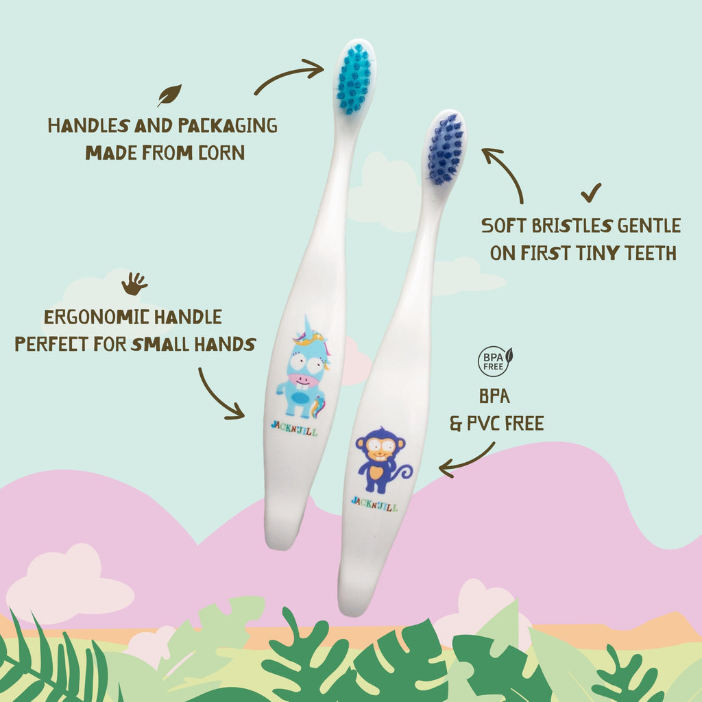 Jack N' Jill Kids Toothbrush - Extra Soft Bristles, Plant-Based Handle (Corn) - Bunny Baby 2 Pack