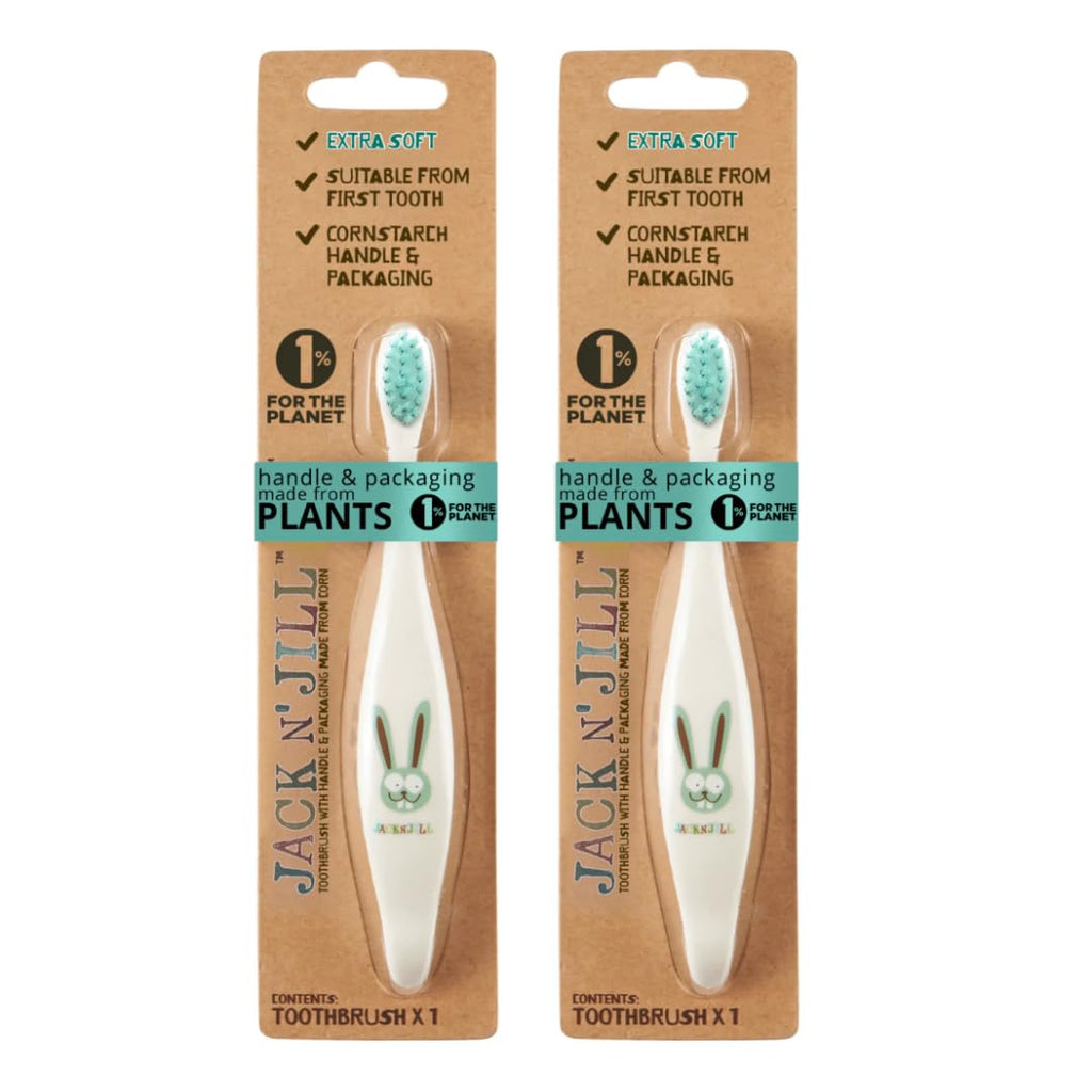 Jack N' Jill Kids Toothbrush - Extra Soft Bristles, Plant-Based Handle (Corn) - Bunny Baby 2 Pack