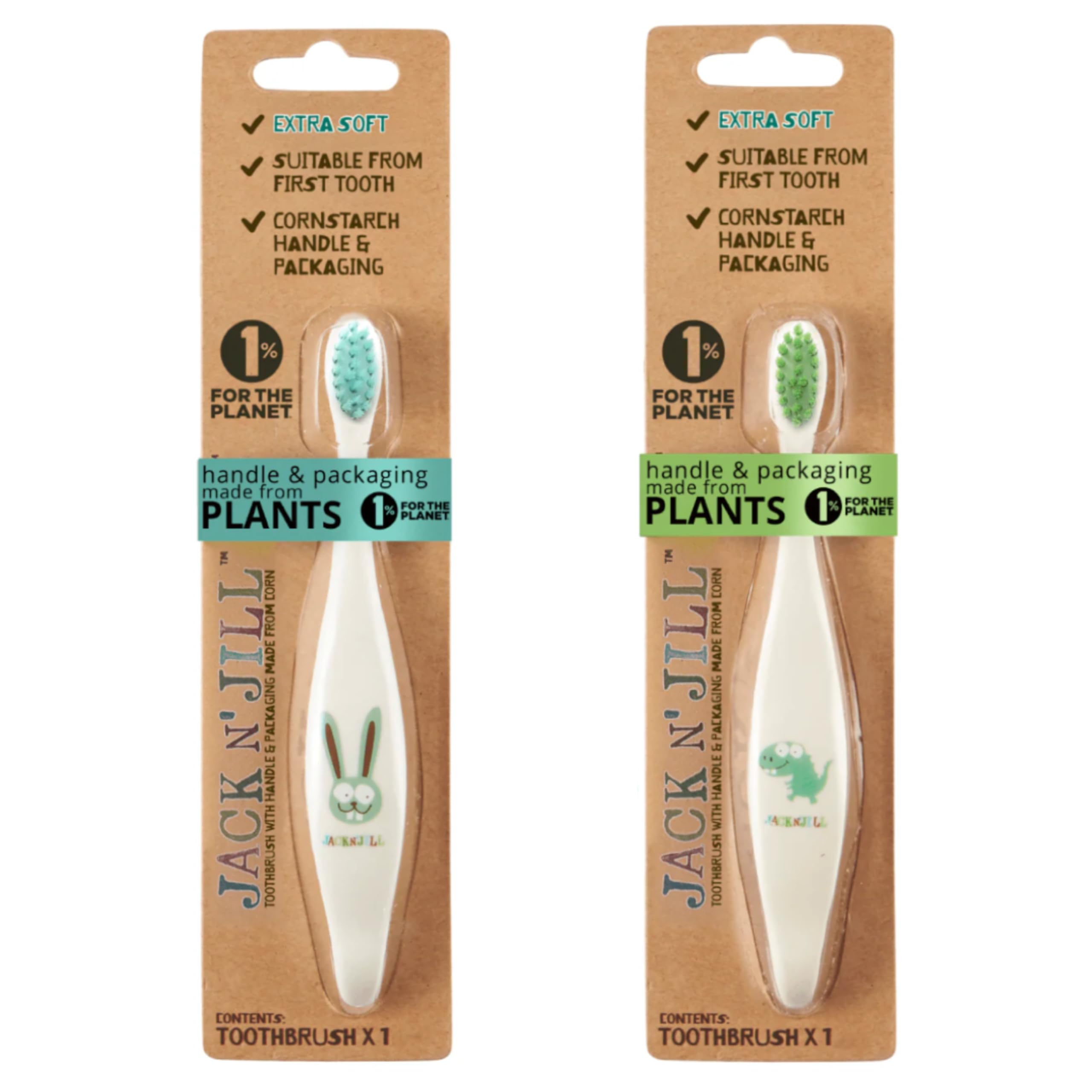 Jack N' Jill Kids Toothbrush – Extra Soft, Plant-Based Handle, 2-Pack (Dino & Bunny)