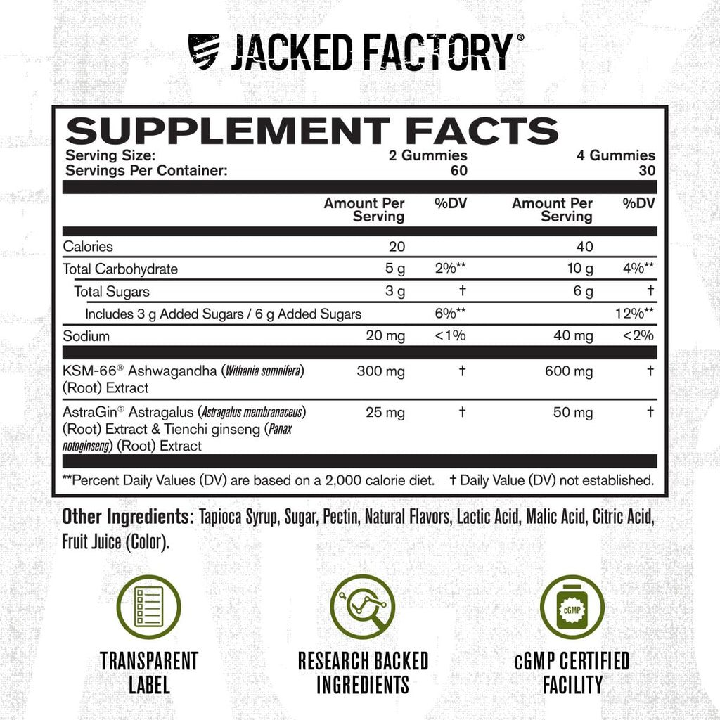 Jacked Factory Ashwagandha Gummies – KSM-66 600mg per Serving | 120 Gummies, Cherry Splash