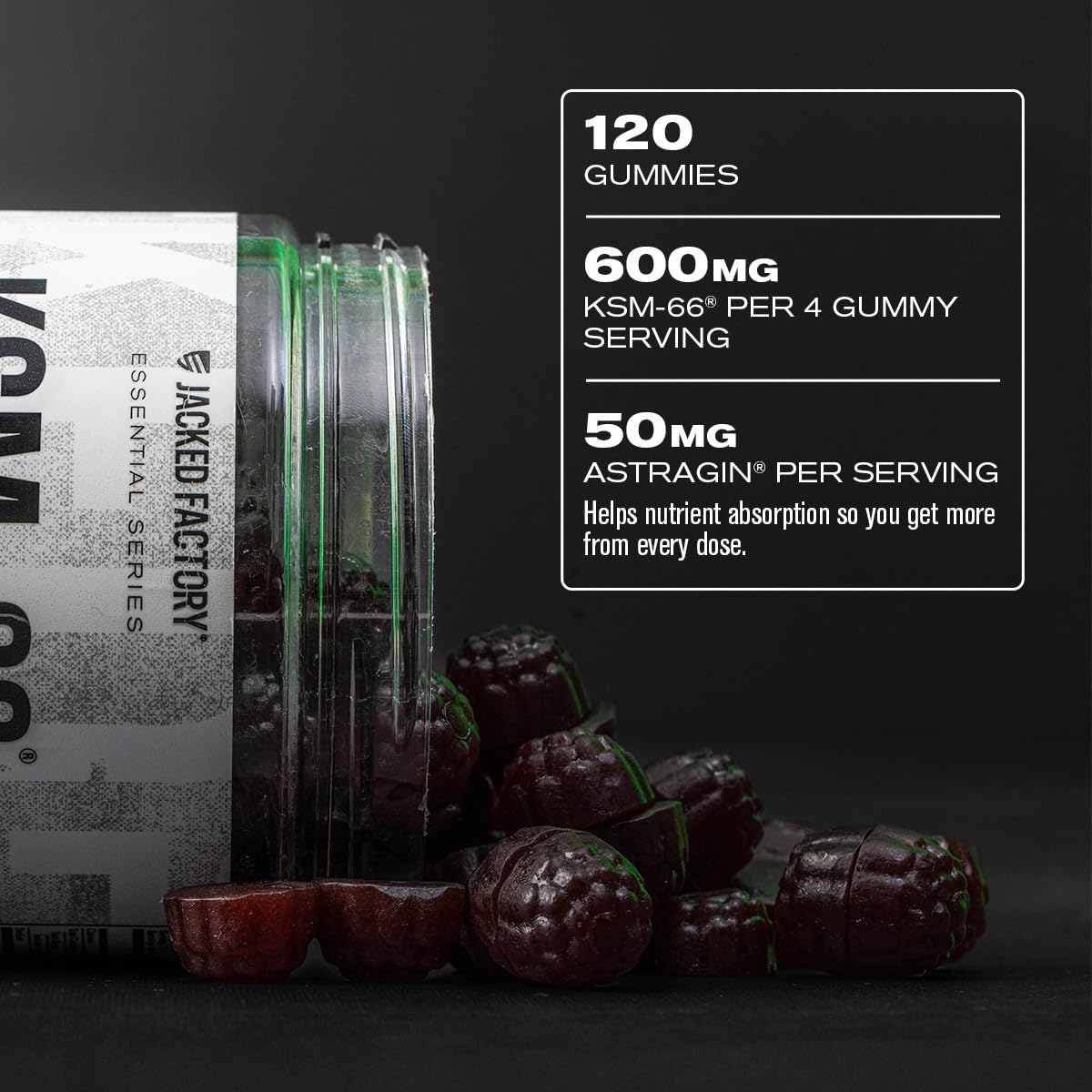 Jacked Factory Ashwagandha Gummies – KSM-66 600mg per Serving | 120 Gummies, Cherry Splash