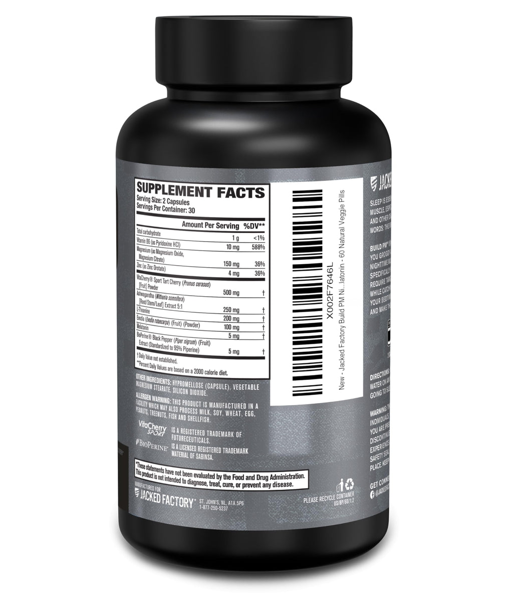 Jacked Factory Build PM Night Time Muscle Builder & Sleep Aid – Tart Cherry, Ashwagandha, Melatonin – 60 Veggie Pills
