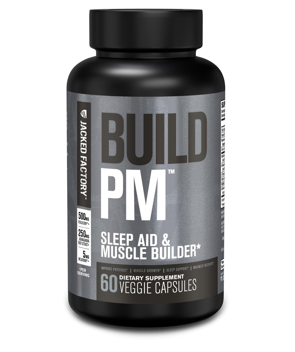 Jacked Factory Build PM Night Time Muscle Builder & Sleep Aid – Tart Cherry, Ashwagandha, Melatonin – 60 Veggie Pills