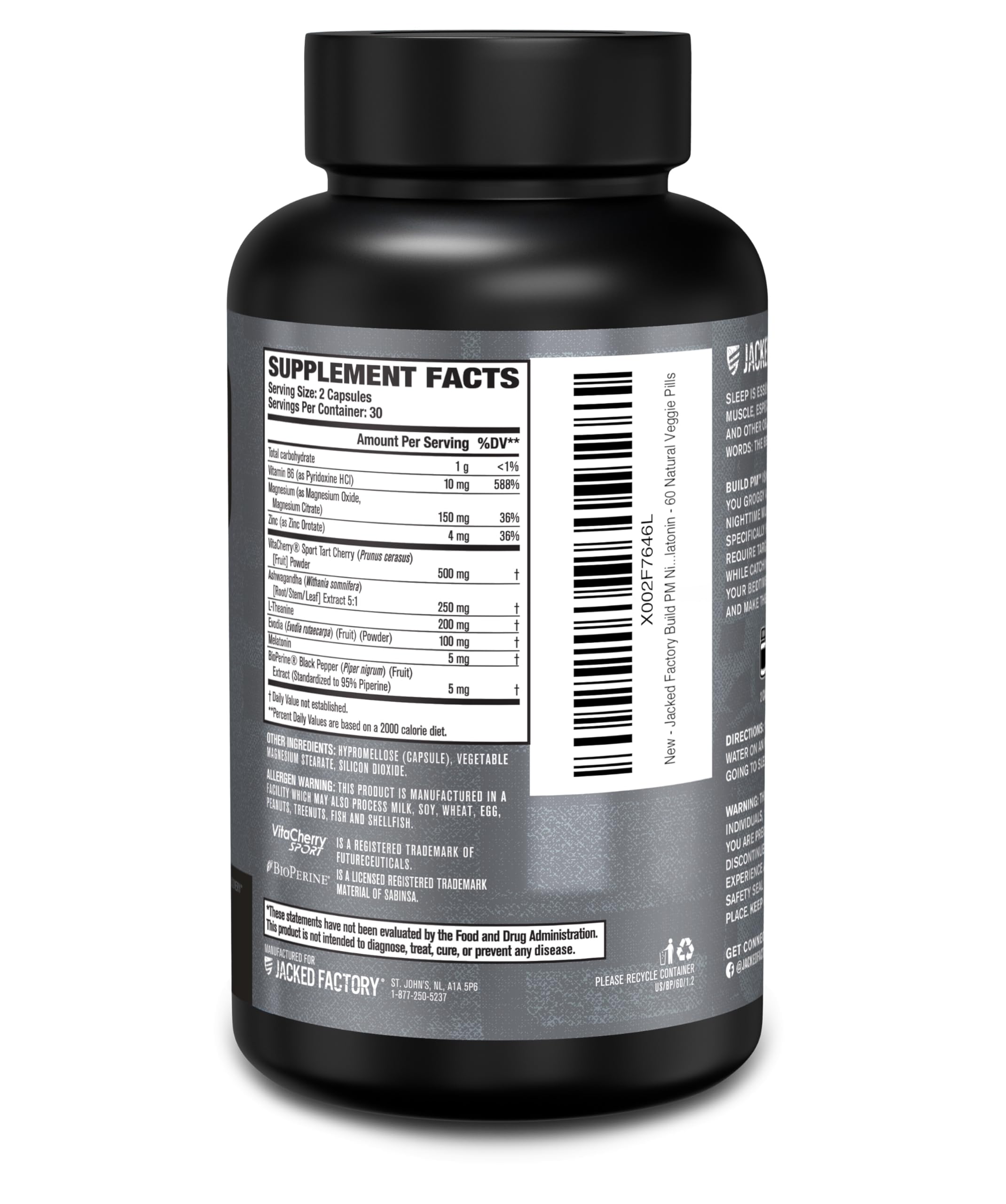 Jacked Factory Build PM Night Time Muscle Builder & Sleep Aid – Tart Cherry, Ashwagandha, Melatonin – 60 Veggie Pills