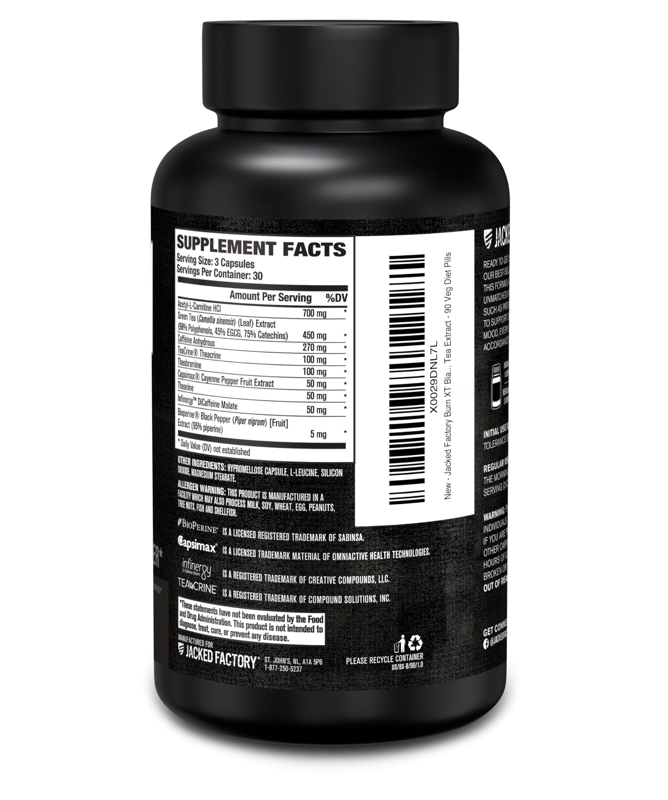 Jacked Factory Burn XT Black Thermogenic Fat Burner – TeaCrine, Infinergy, Green Tea Extract | 90 Veg Diet Pills
