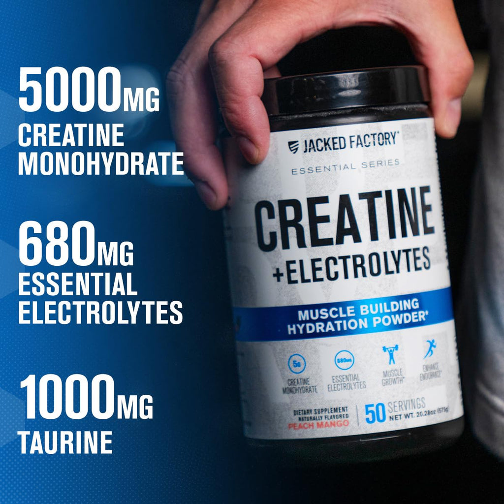 Jacked Factory Creatine + Electrolytes – Peach Mango (50 Servings) | Creatine Monohydrate with Taurine & Electrolytes
