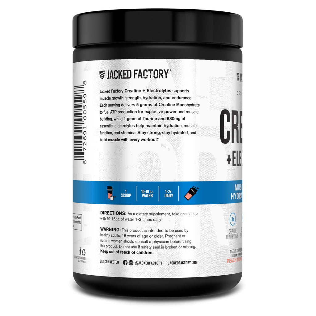 Jacked Factory Creatine + Electrolytes – Peach Mango (50 Servings) | Creatine Monohydrate with Taurine & Electrolytes