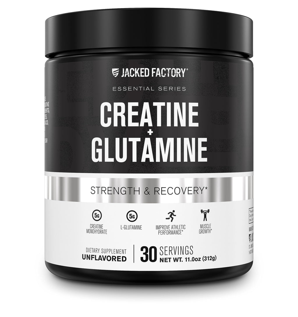 Jacked Factory Creatine + Glutamine – Creatine Monohydrate + L-Glutamine for Muscle Recovery, Strength, and Gut Health | 30 Servings, Unflavored