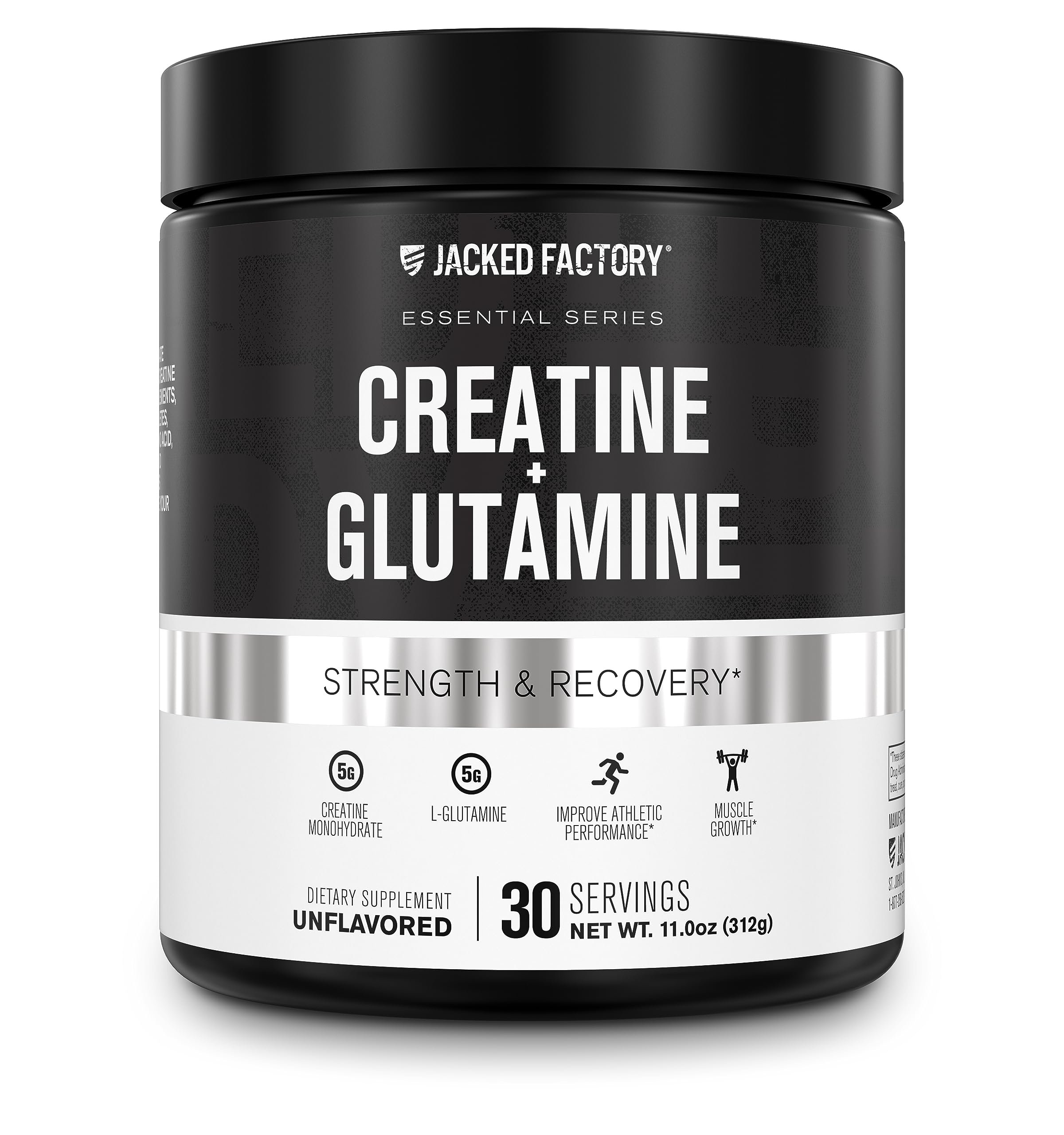 Jacked Factory Creatine + Glutamine – Creatine Monohydrate + L-Glutamine for Muscle Recovery, Strength, and Gut Health | 30 Servings, Unflavored