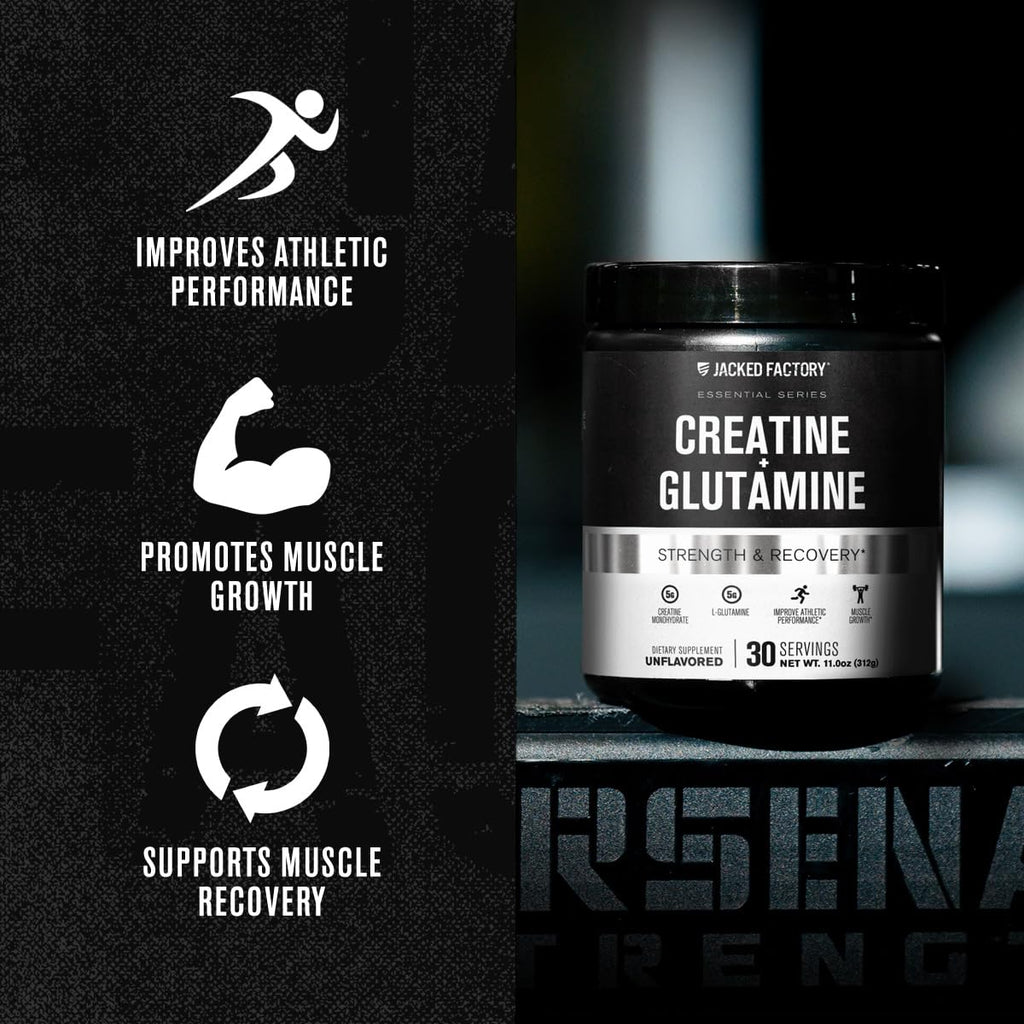 Jacked Factory Creatine + Glutamine – Creatine Monohydrate + L-Glutamine for Muscle Recovery, Strength, and Gut Health | 30 Servings, Unflavored