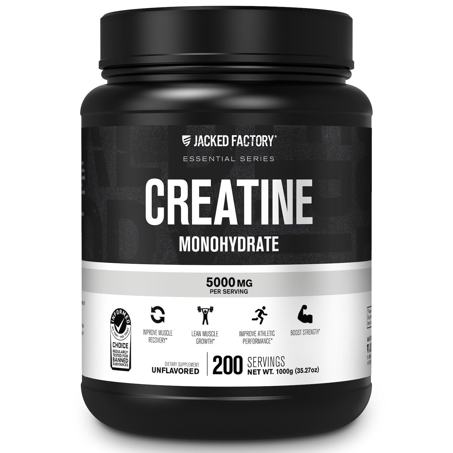 Jacked Factory Creatine Monohydrate Powder 1000g - 200 Servings, Unflavored, Vegan, Third-Party Tested