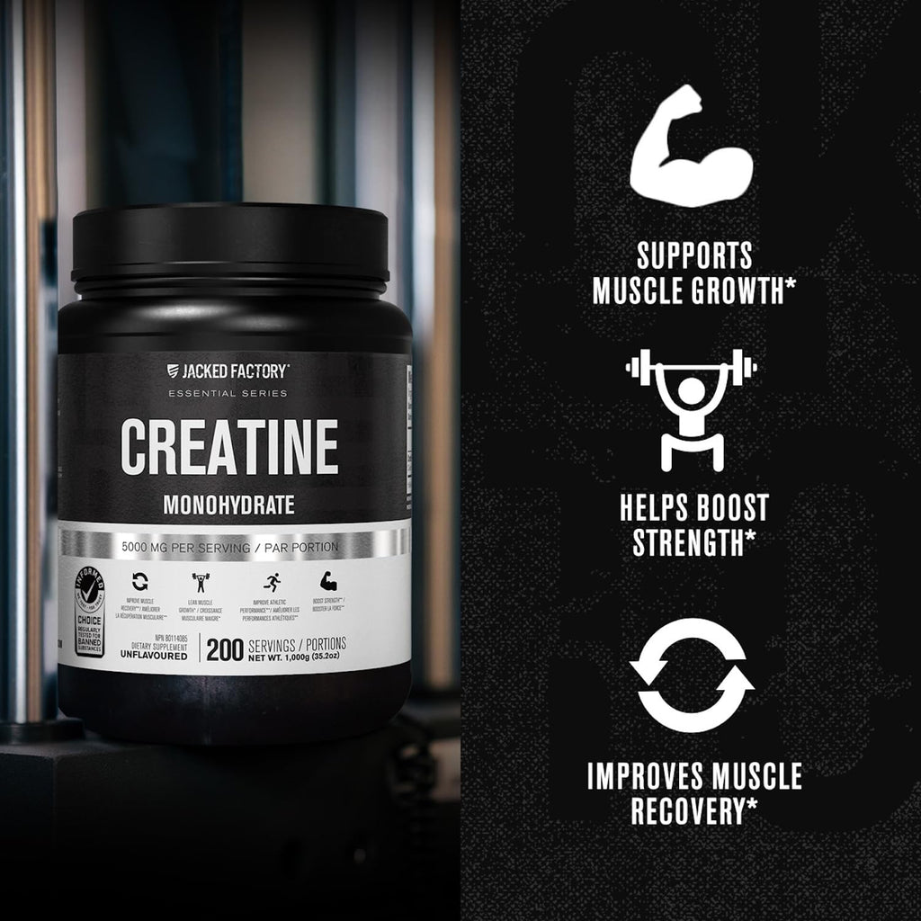 Jacked Factory Creatine Monohydrate Powder 1000g - 200 Servings, Unflavored, Vegan, Third-Party Tested