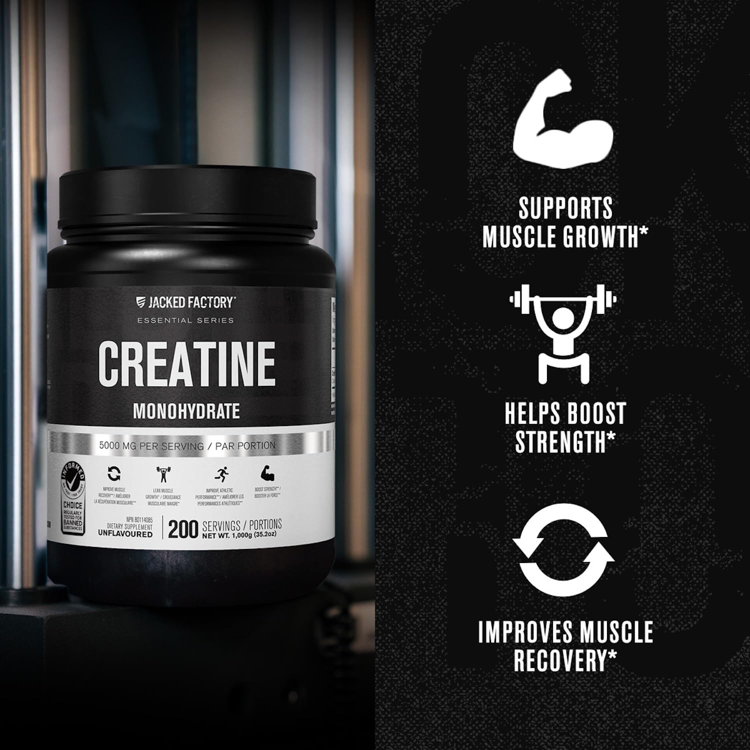 Jacked Factory Creatine Monohydrate Powder 1000g - 200 Servings, Unflavored, Vegan, Third-Party Tested