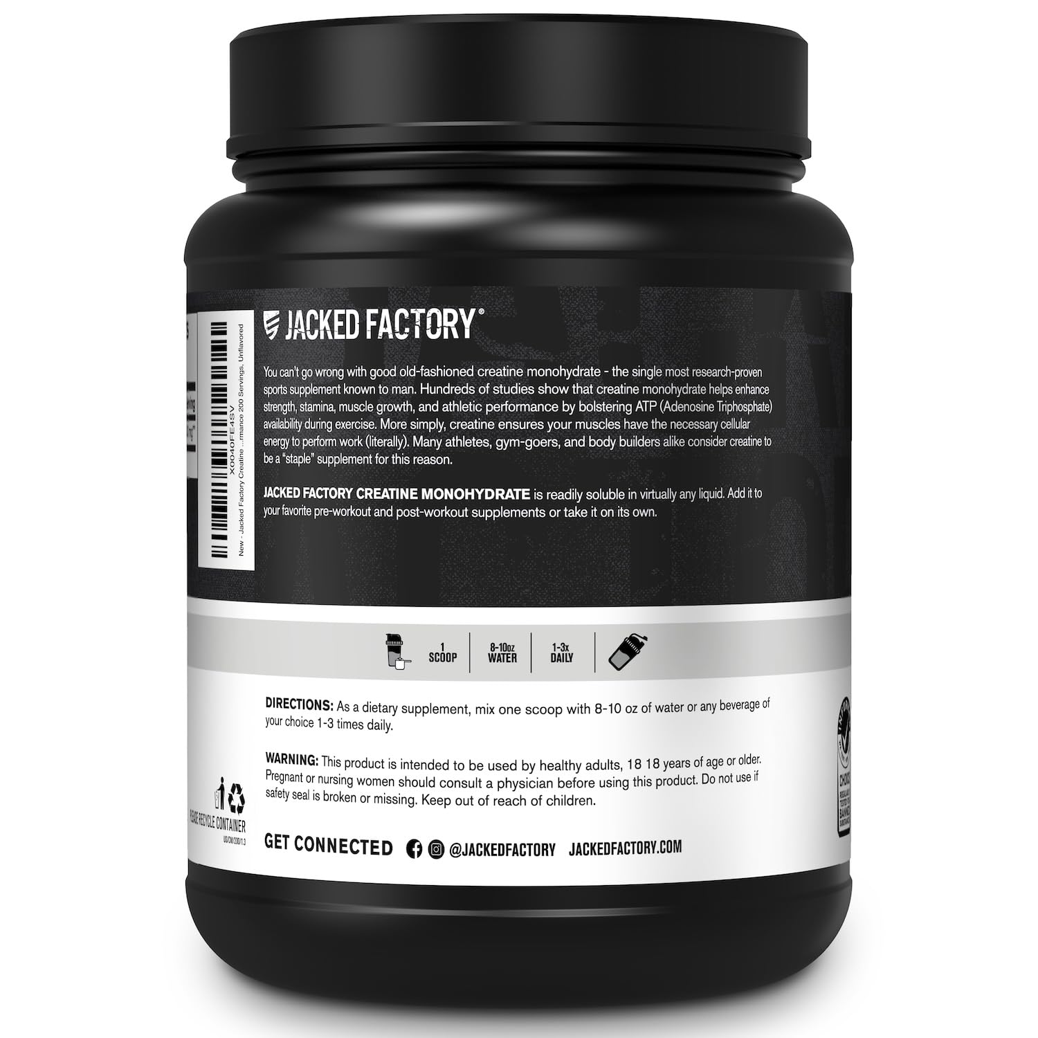 Jacked Factory Creatine Monohydrate Powder 1000g - 200 Servings, Unflavored, Vegan, Third-Party Tested