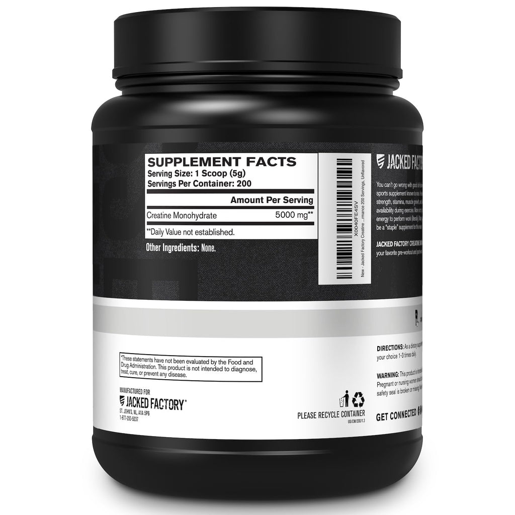 Jacked Factory Creatine Monohydrate Powder 1000g - 200 Servings, Unflavored, Vegan, Third-Party Tested